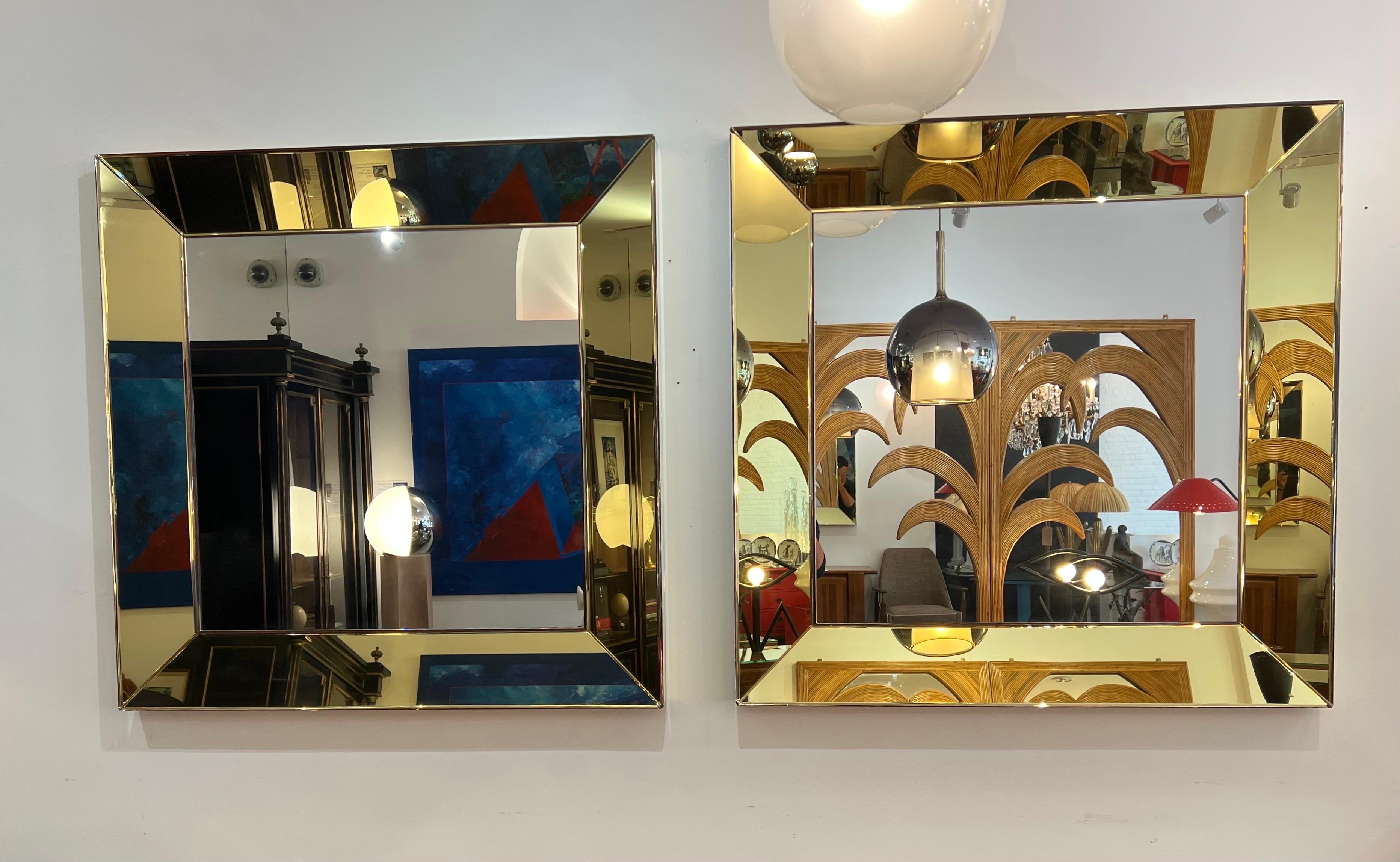 Glass Pair of Hand Blown Giallo Vetro Square Mirrors For Sale