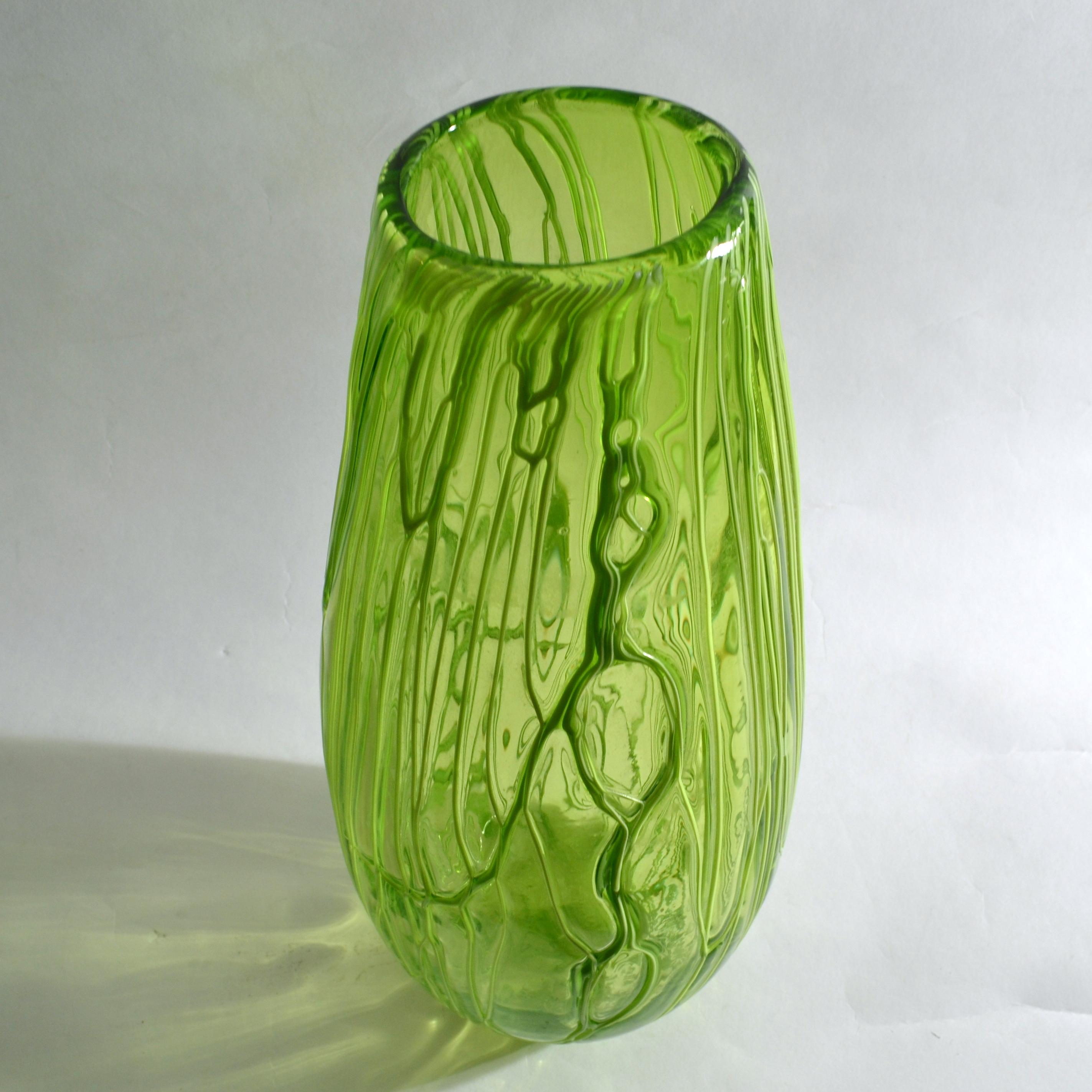 Pair of Hand Blown Glass Acid Green Veined Vases For Sale 5