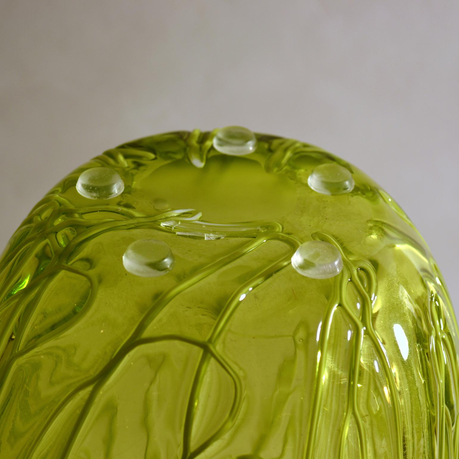 Pair of Hand Blown Glass Acid Green Veined Vases For Sale 7