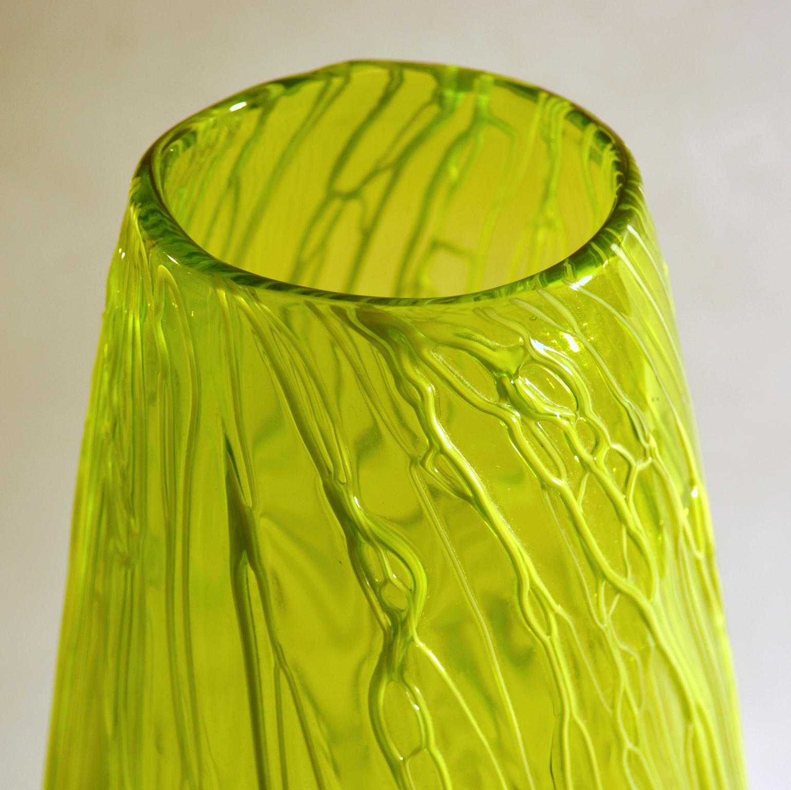 European Pair of Hand Blown Glass Acid Green Veined Vases For Sale