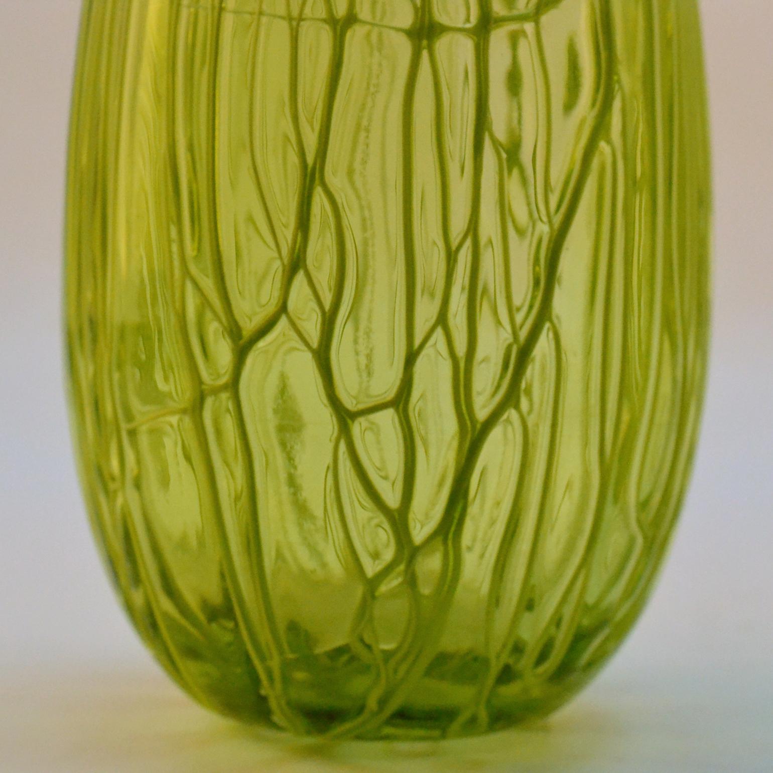 Late 20th Century Pair of Hand Blown Glass Acid Green Veined Vases For Sale