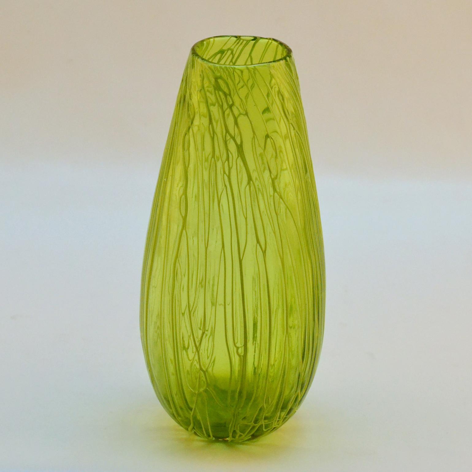 Art Glass Pair of Hand Blown Glass Acid Green Veined Vases For Sale