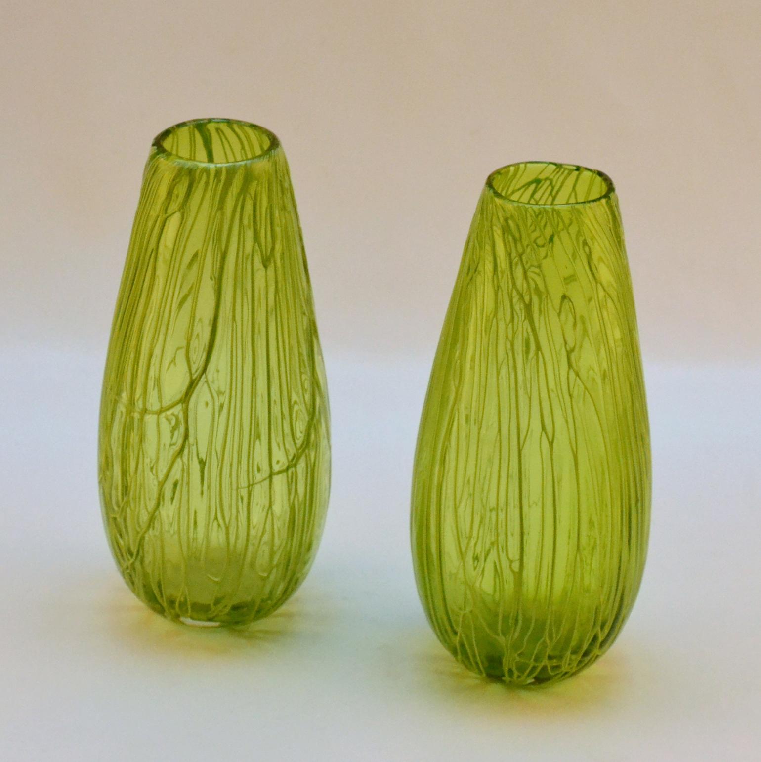 Pair of Hand Blown Glass Acid Green Veined Vases For Sale 1