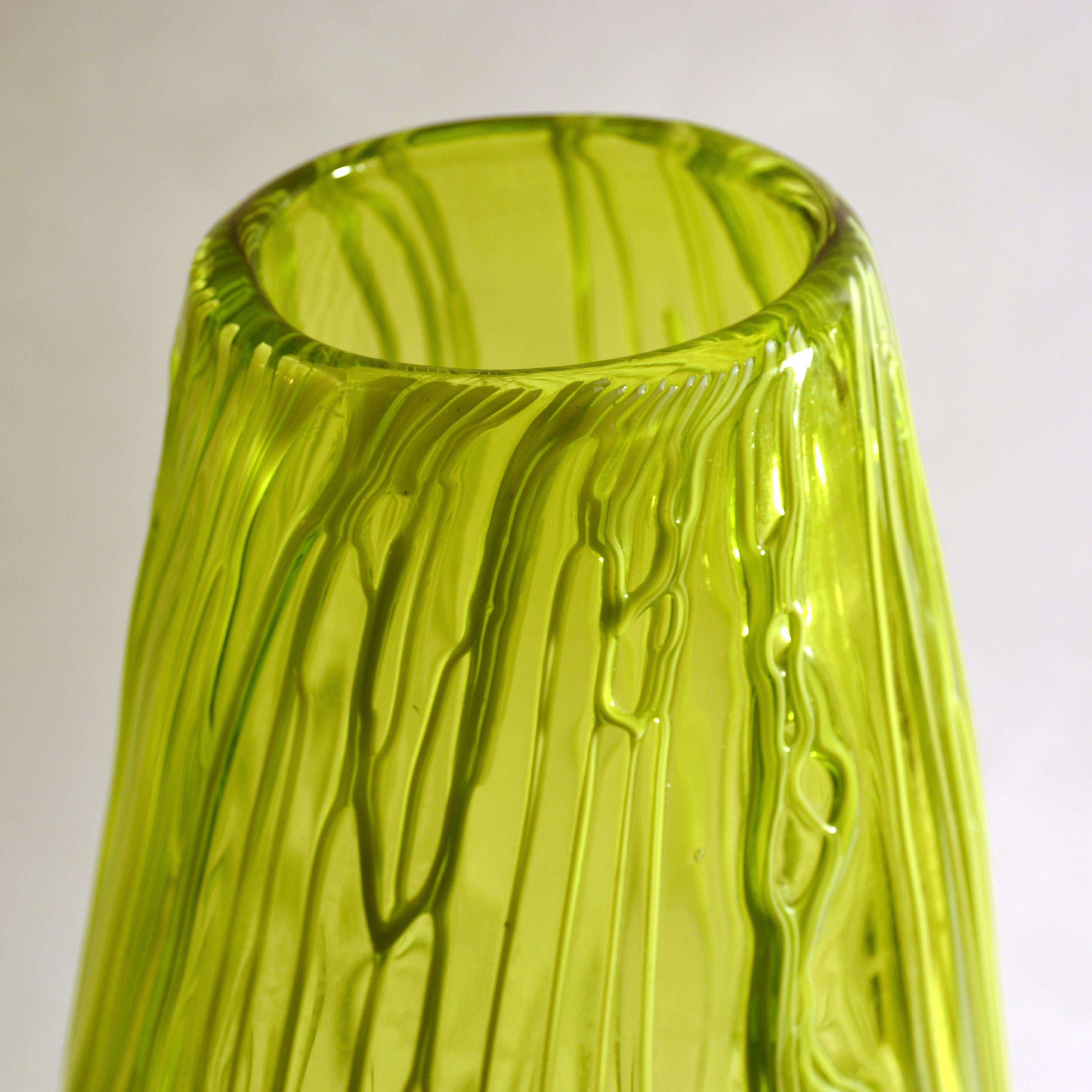 Pair of Hand Blown Glass Acid Green Veined Vases For Sale 2