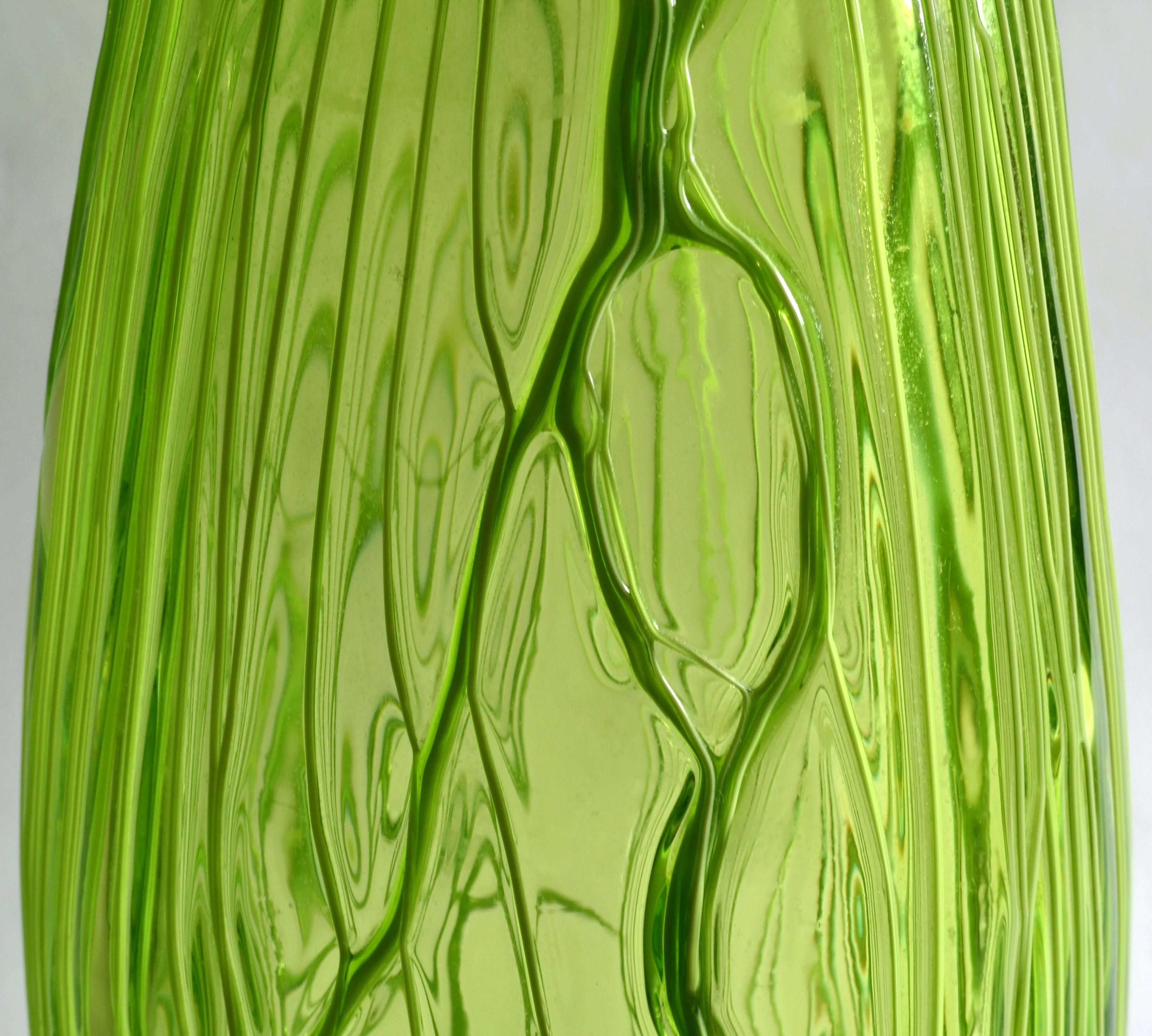 Pair of Hand Blown Glass Acid Green Veined Vases For Sale 3