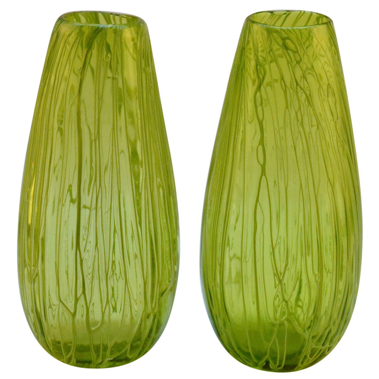 Pair of Hand Blown Glass Acid Green Veined Vases For Sale