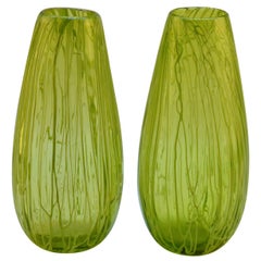 Pair of Hand Blown Glass Acid Green Veined Vases