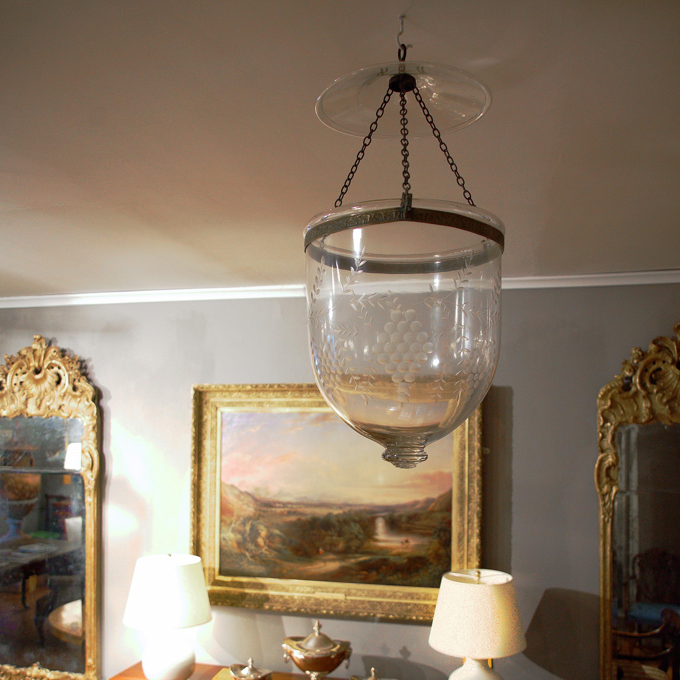 English Pair of Hand Blown Glass Bell Jar Lanterns with Grape Etching