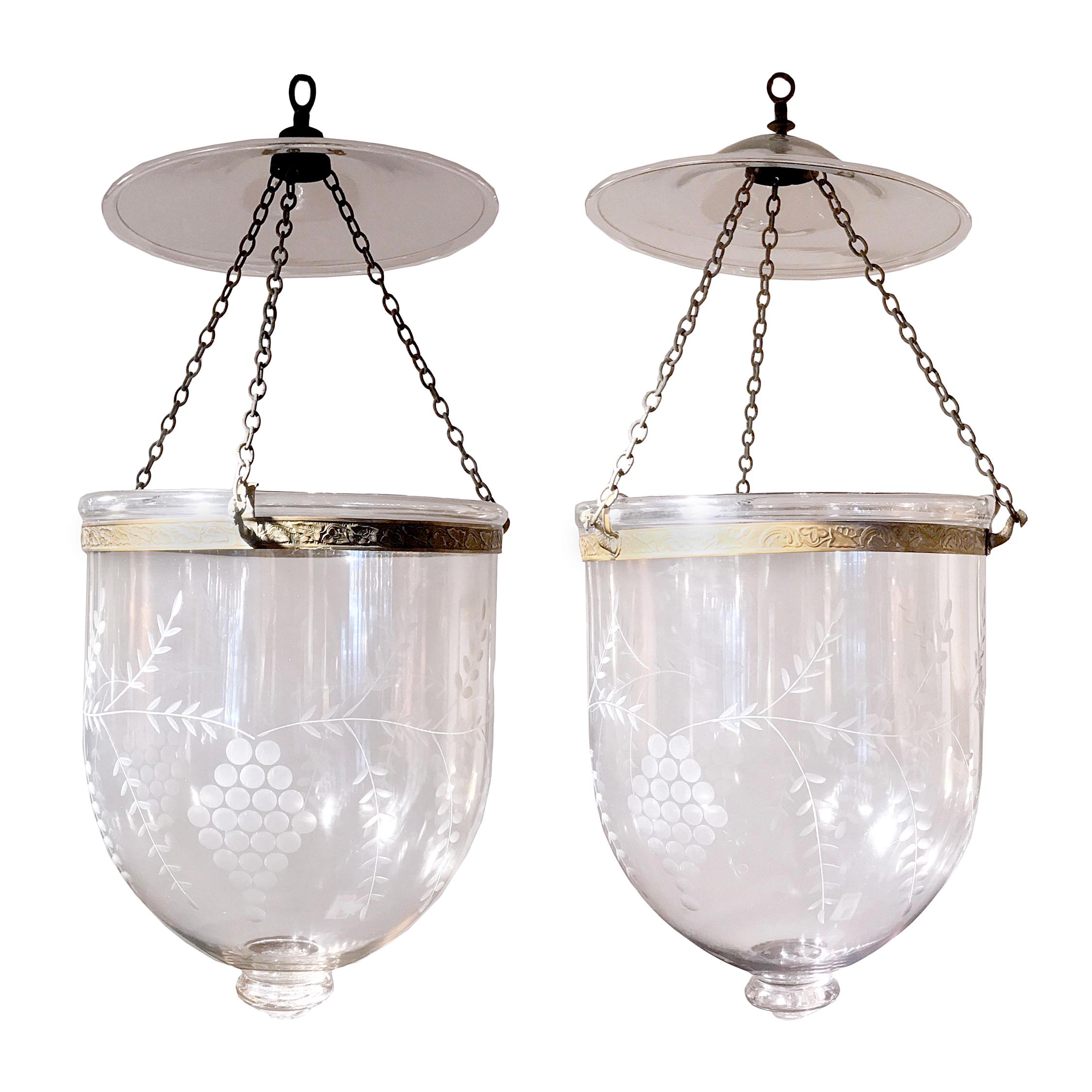 Pair of Hand Blown Glass Bell Jar Lanterns with Grape Etching