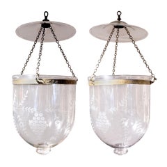 Antique Pair of Hand Blown Glass Bell Jar Lanterns with Grape Etching