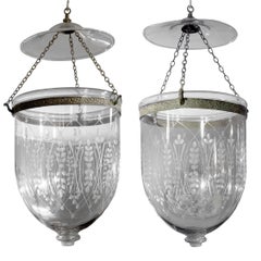 Pair of Handblown Glass Bell Jar Lanterns with Wheat Etching