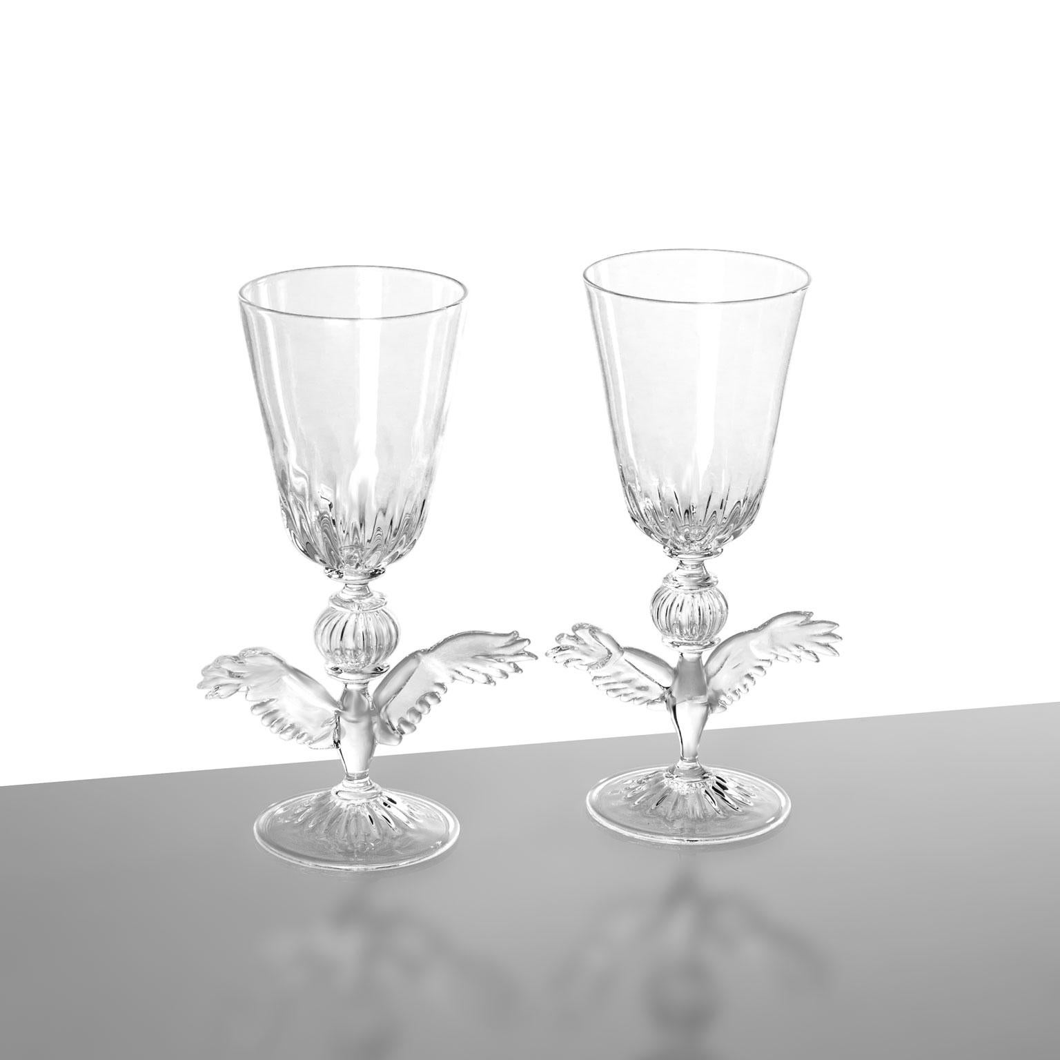 Hand-Crafted Contemporary Trionfo Hand-Blown Glass Sculptured A pair of  Decorative Goblets  For Sale