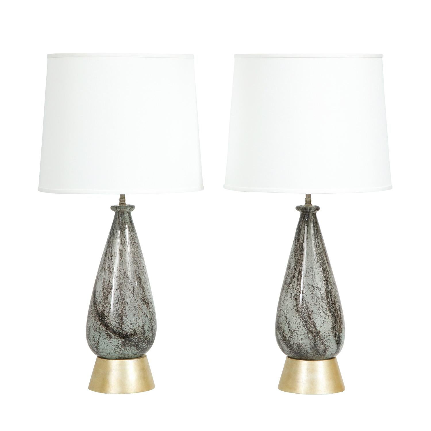 Pair of hand blown glass table lamps with internally blown metallic fibers and copper fragments attributed to Ercole Barovier, Murano, Italy, 1930s. These have been rewired with new chrome hardware, sockets and new custom shades. Bases have been