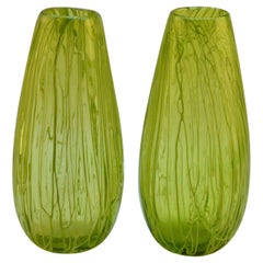 Hand Blown Glass Vases Apple Green Veined Texture Pair