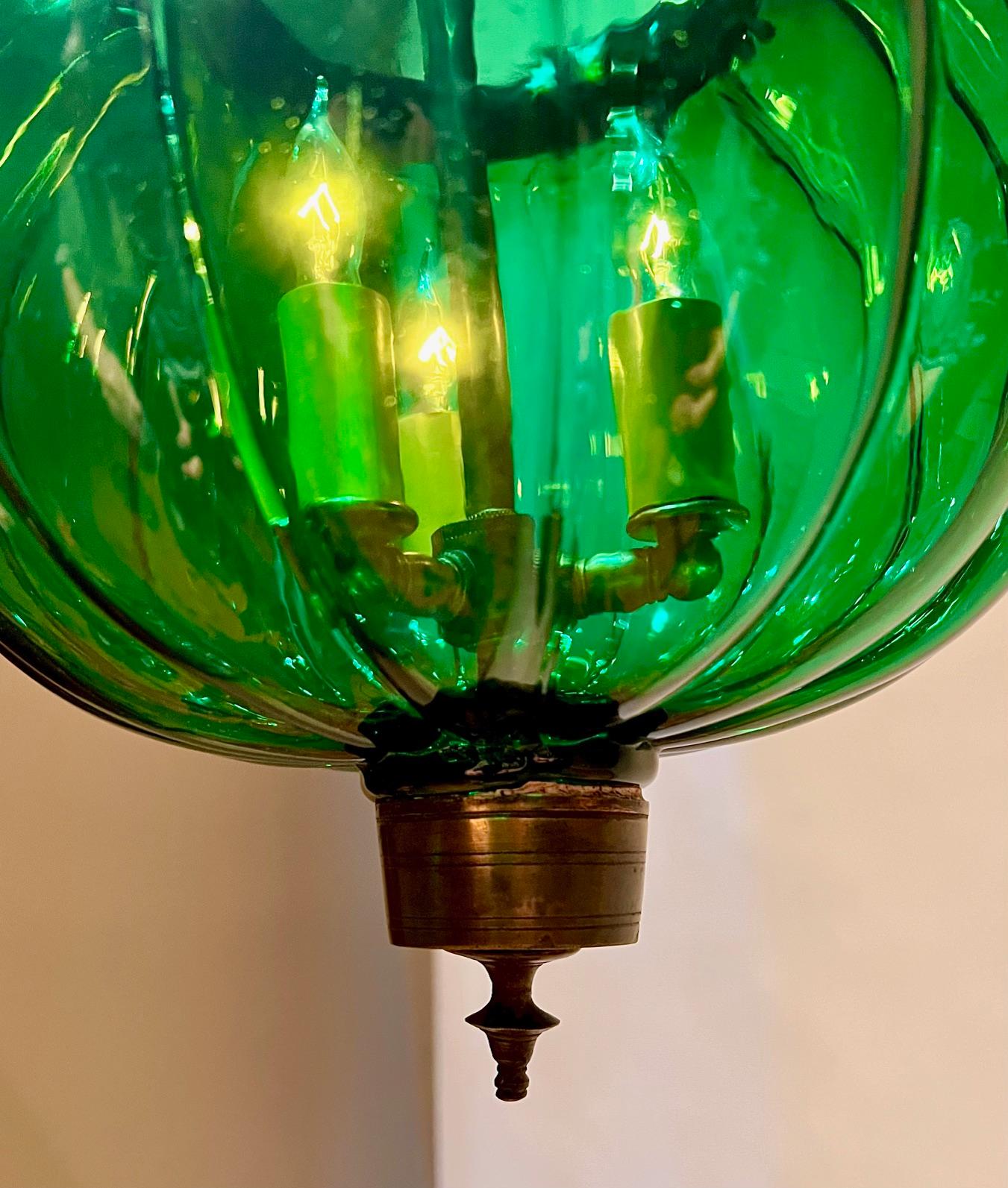 Pair of Hand-Blown Green Pumpkin Lanterns 4