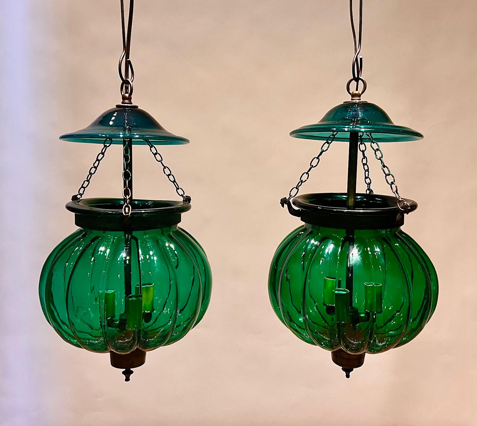 Neoclassical Pair of Hand-Blown Green Pumpkin Lanterns