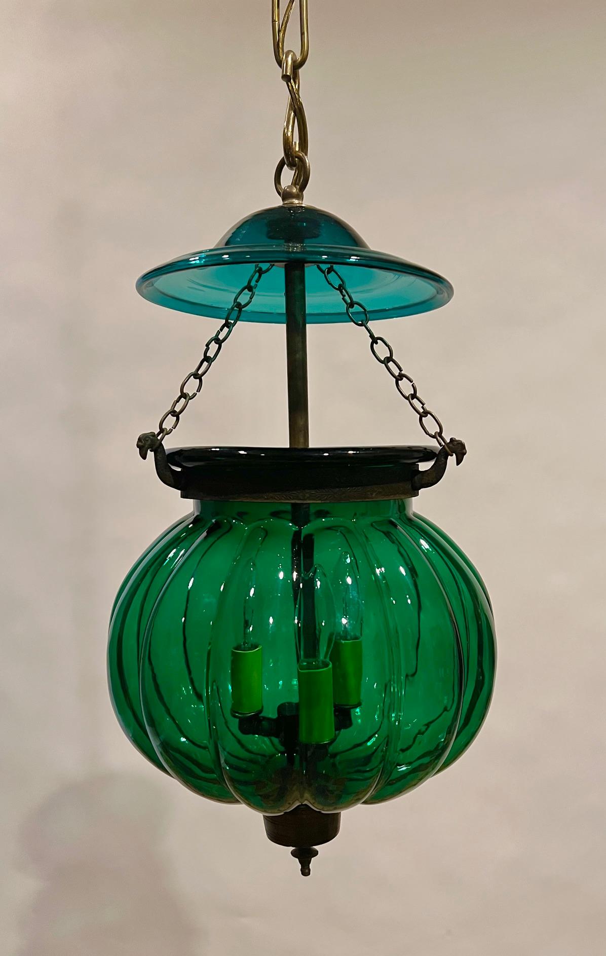 English Pair of Hand-Blown Green Pumpkin Lanterns