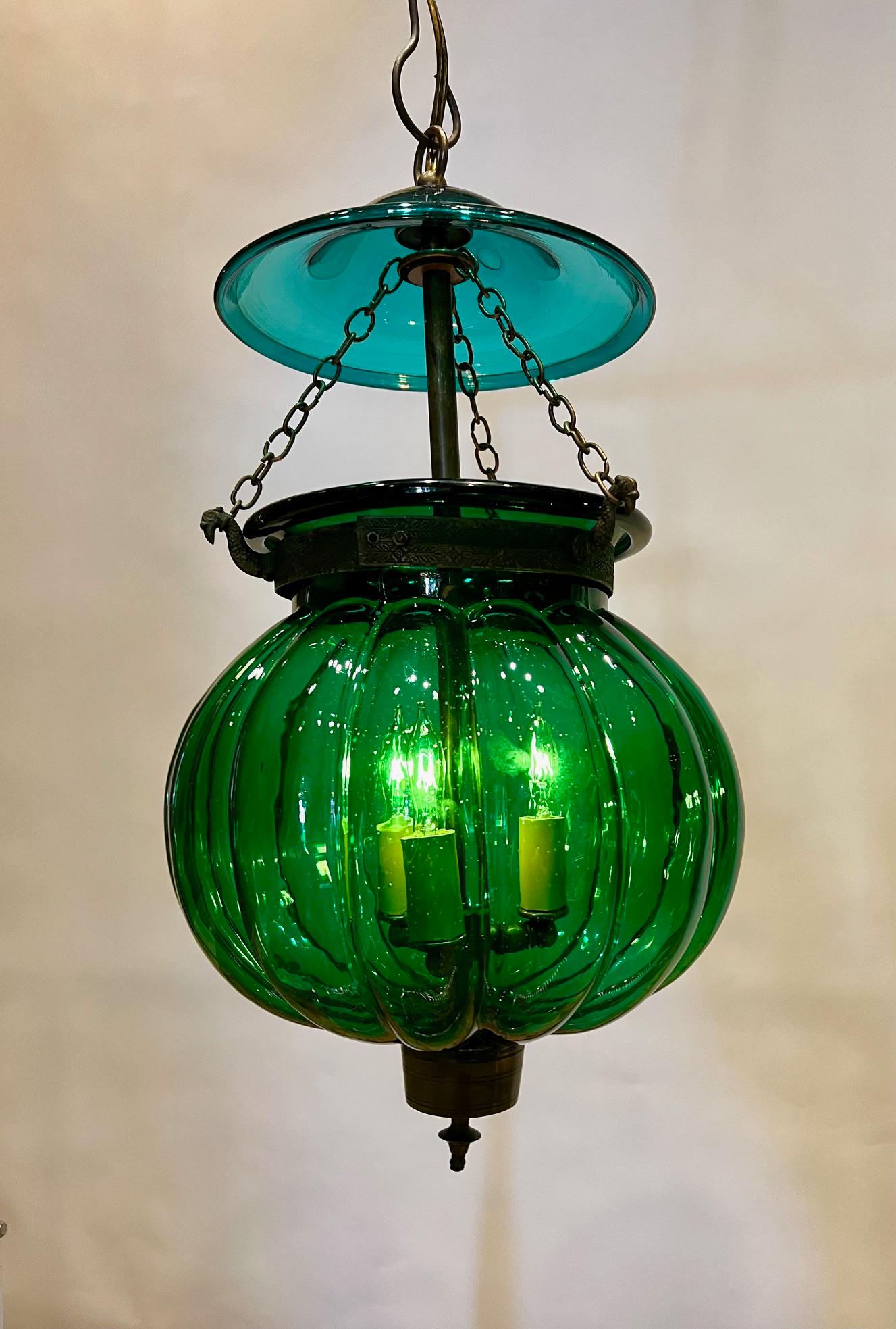 Pair of Hand-Blown Green Pumpkin Lanterns In Good Condition In Alexandria, VA