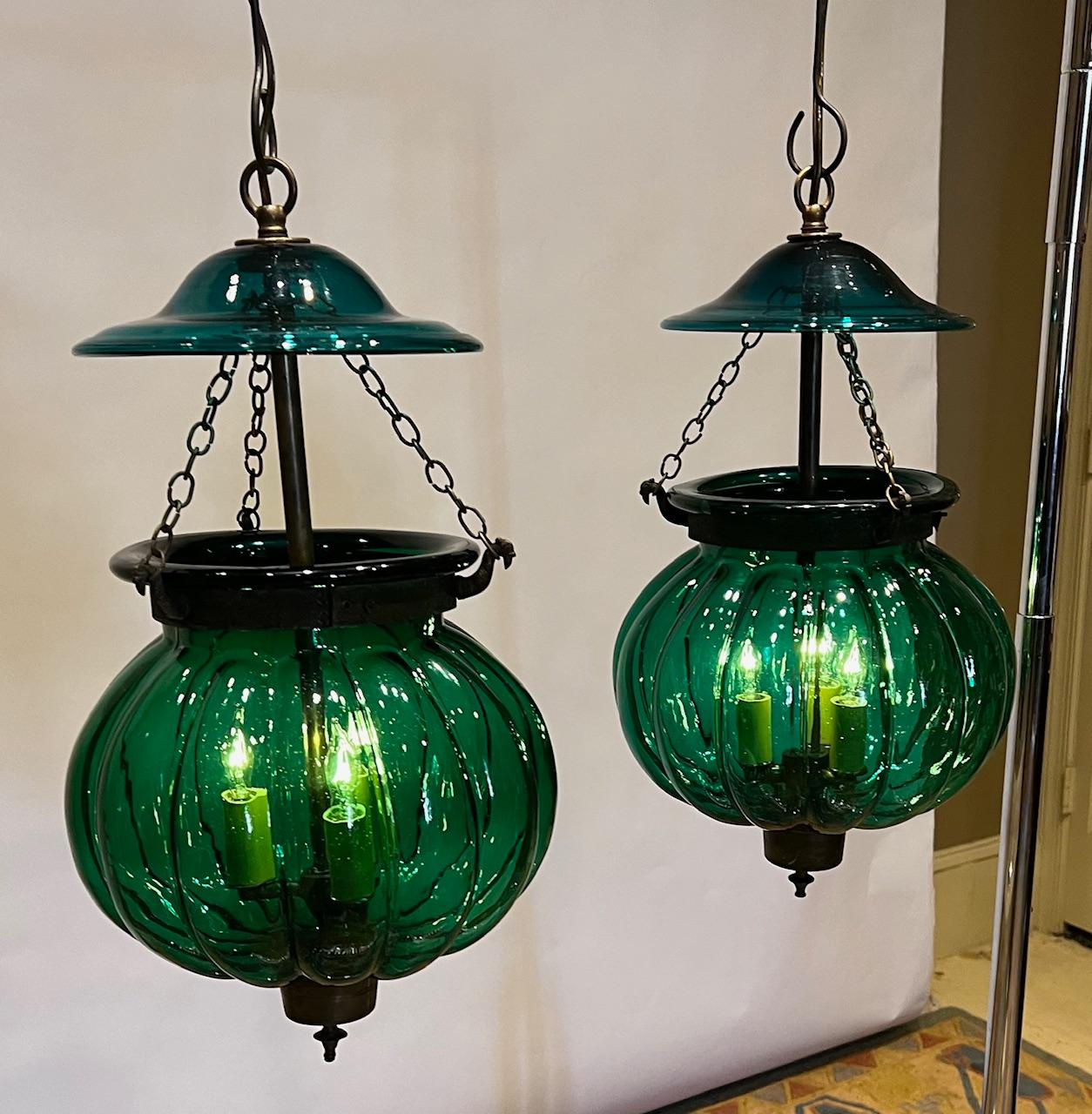 19th Century Pair of Hand-Blown Green Pumpkin Lanterns