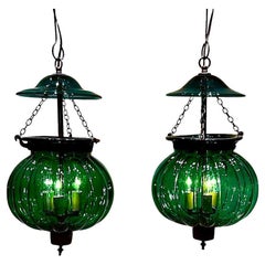 Pair of Hand-Blown Green Pumpkin Lanterns