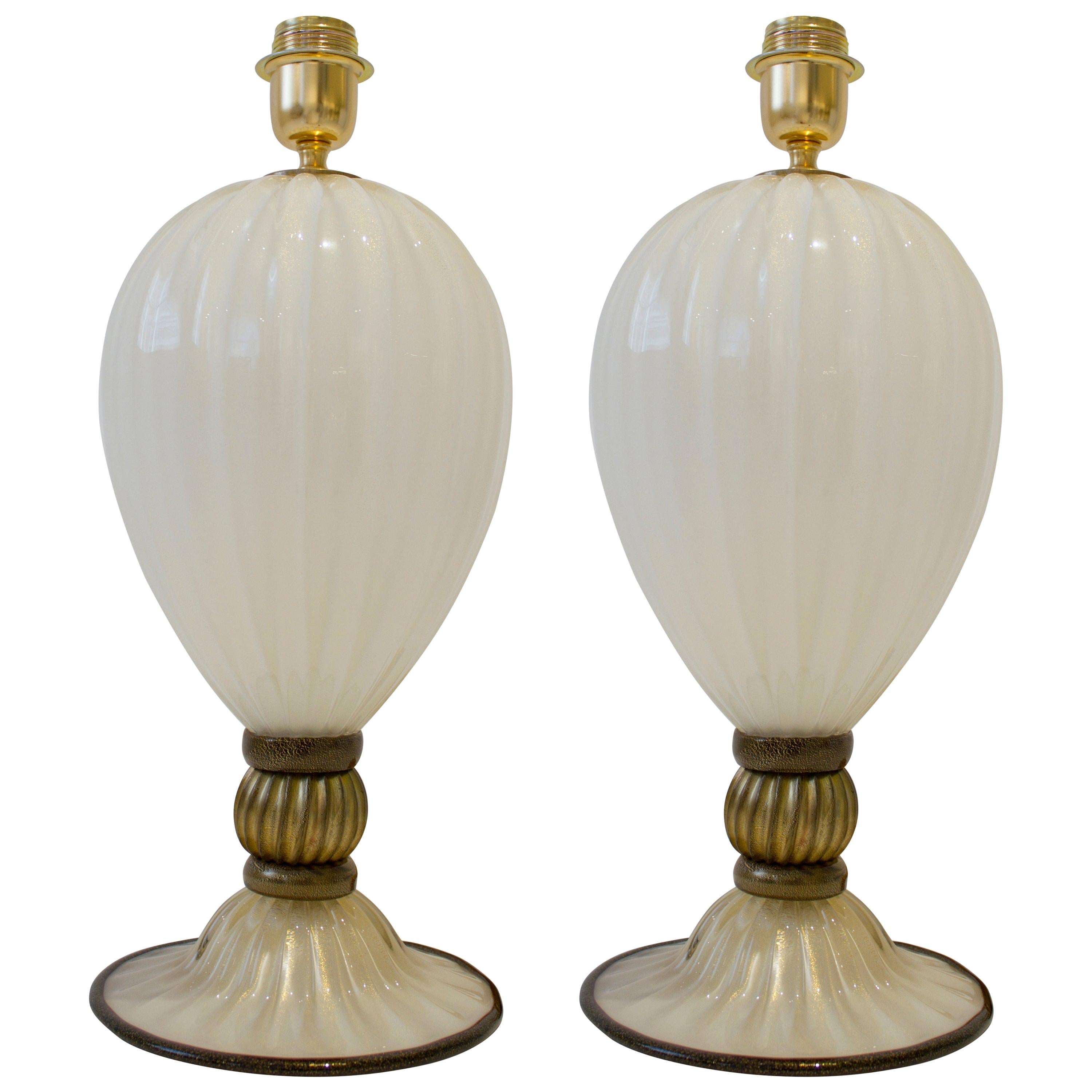 Pair of Hand Blown Ivory and Bronze/Gold Murano Glass Lamps, Italy, Signed