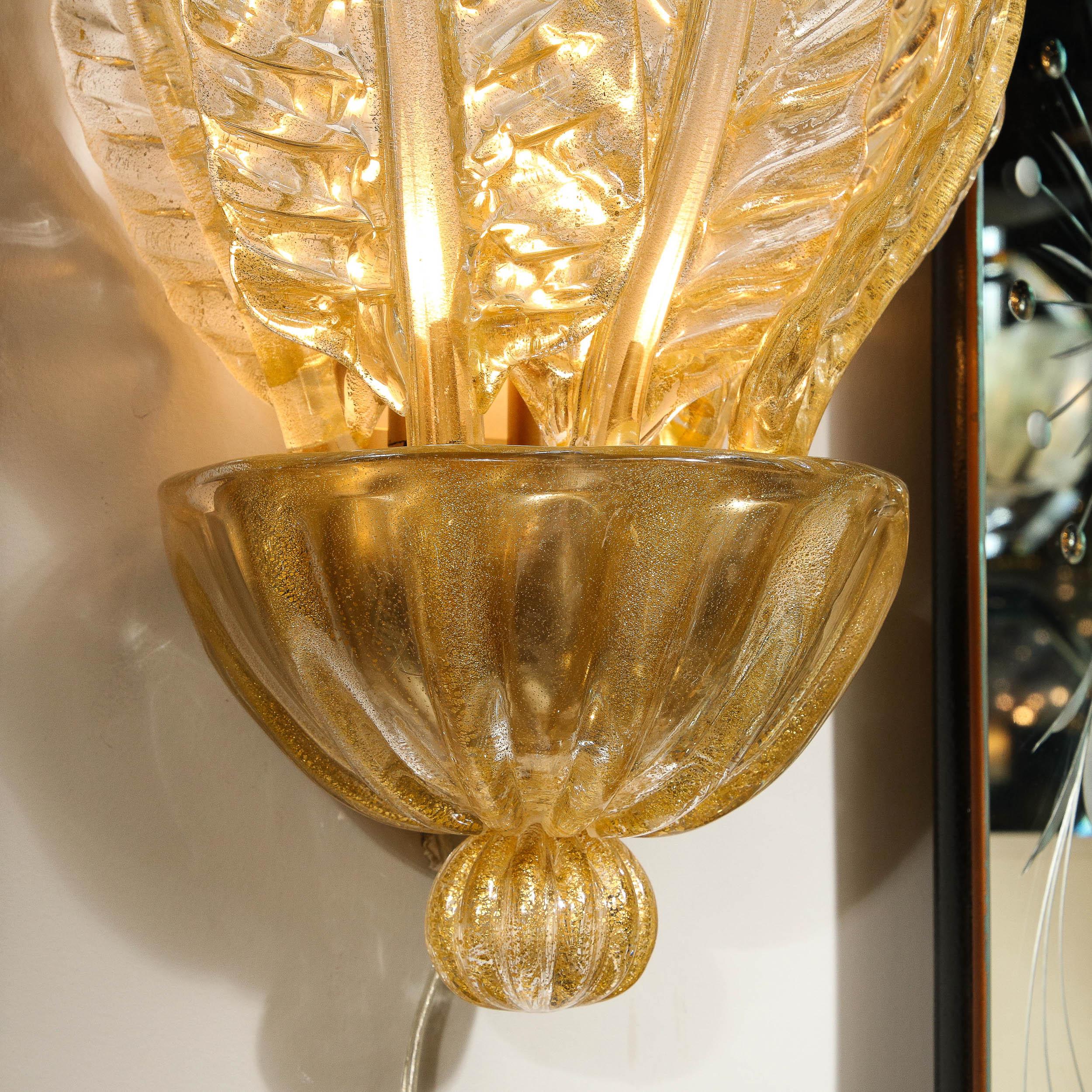 Pair of Hand-Blown Modernist Murano Foglia D'oro Glass Leaf Form Sconces 3