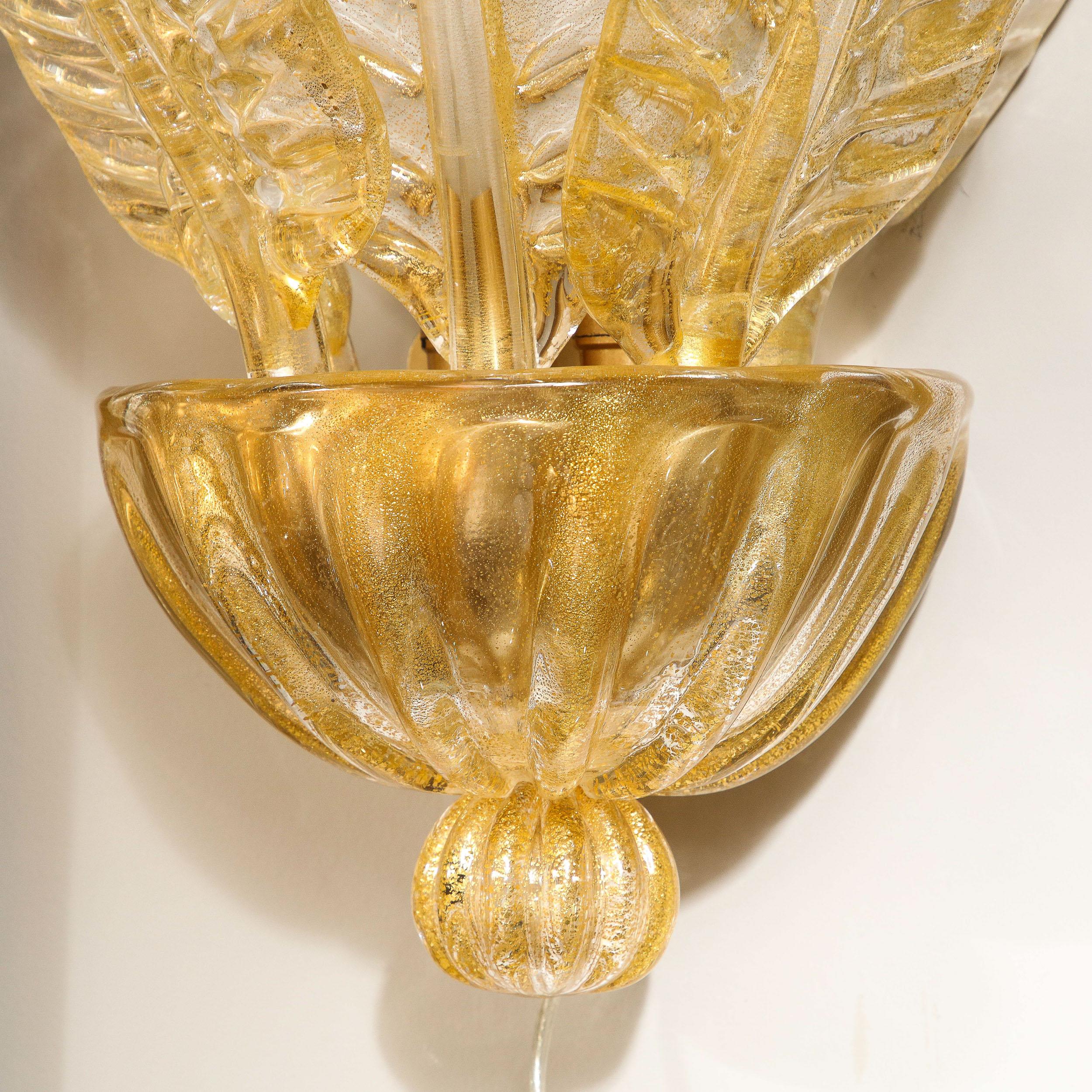Pair of Hand-Blown Modernist Murano Foglia D'oro Glass Leaf Form Sconces 7