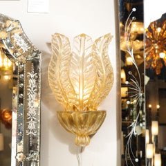 Pair of Hand-Blown Modernist Murano Foglia D'oro Glass Leaf Form Sconces