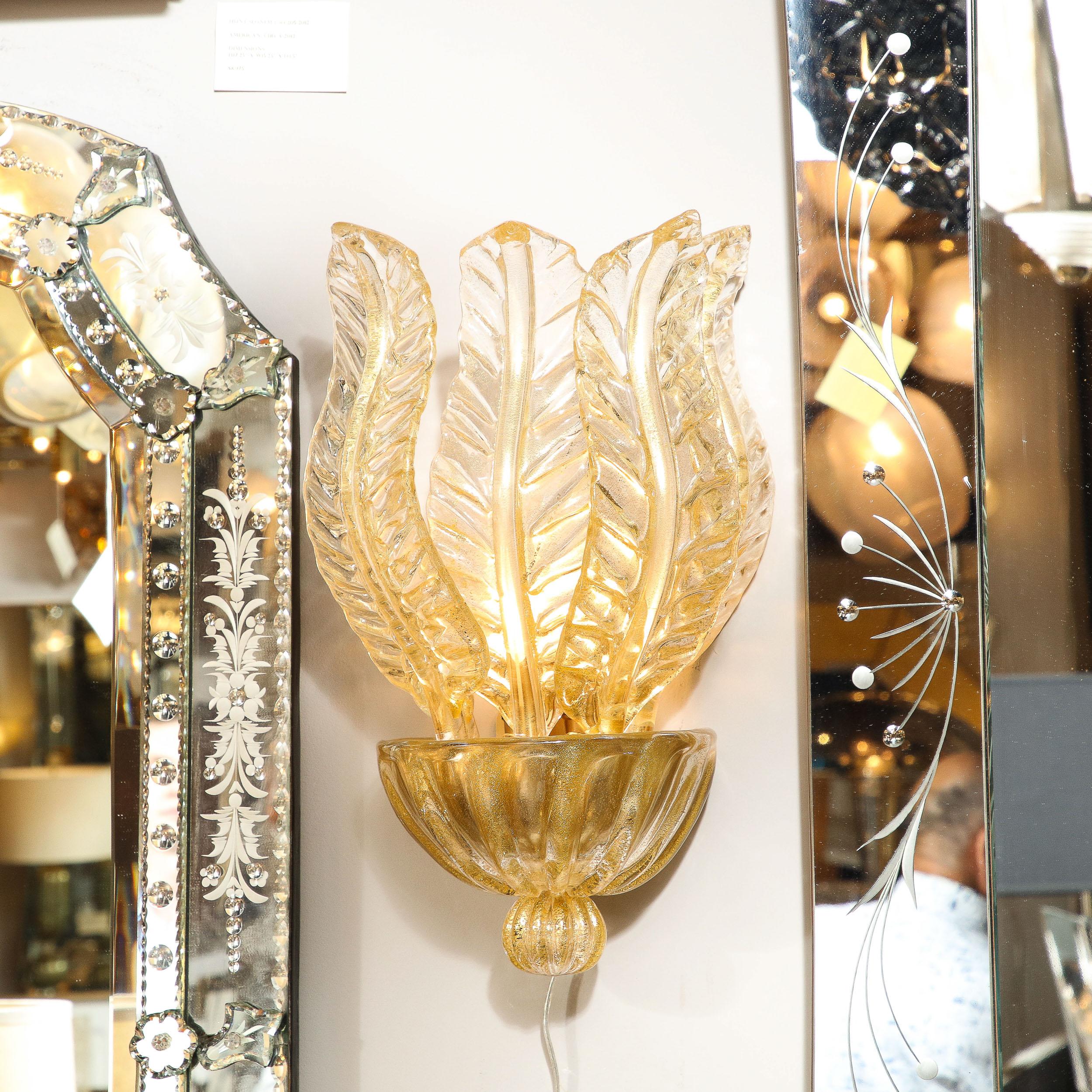 Italian Pair of Hand-Blown Modernist Murano Foglia D'oro Glass Leaf Form Sconces For Sale
