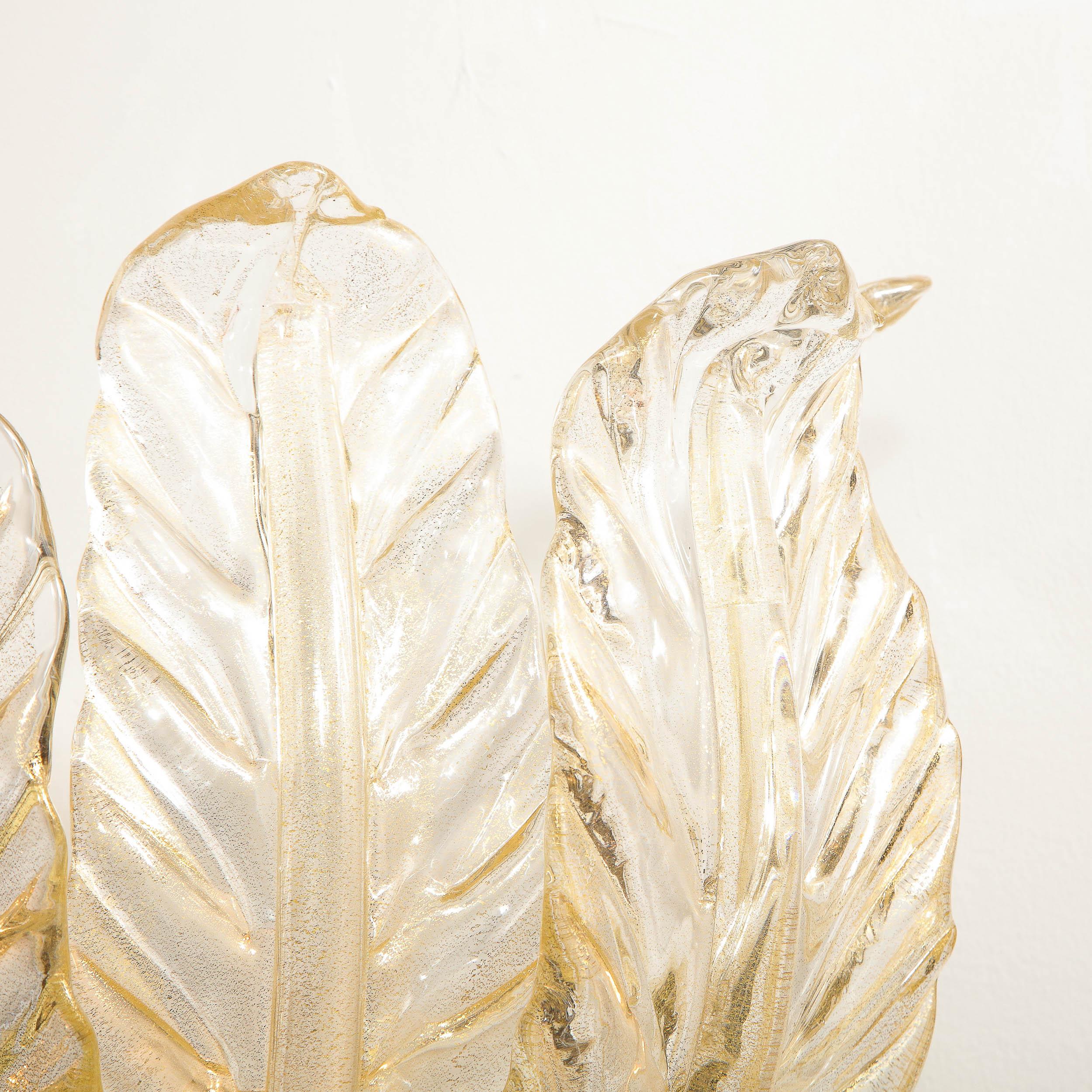 20th Century Pair of Hand-Blown Modernist Murano Foglia D'oro Glass Leaf Form Sconces