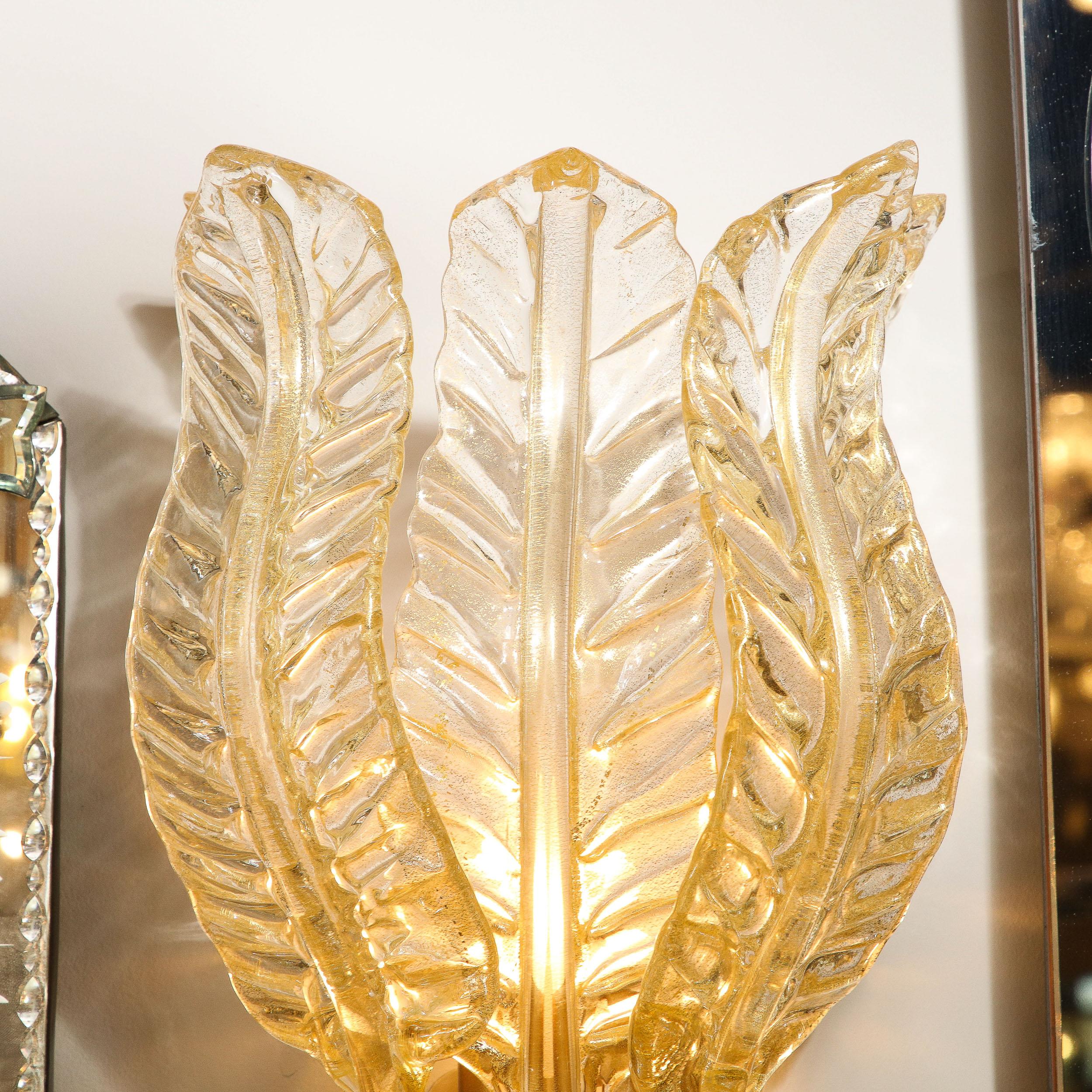 Contemporary Pair of Hand-Blown Modernist Murano Foglia D'oro Glass Leaf Form Sconces