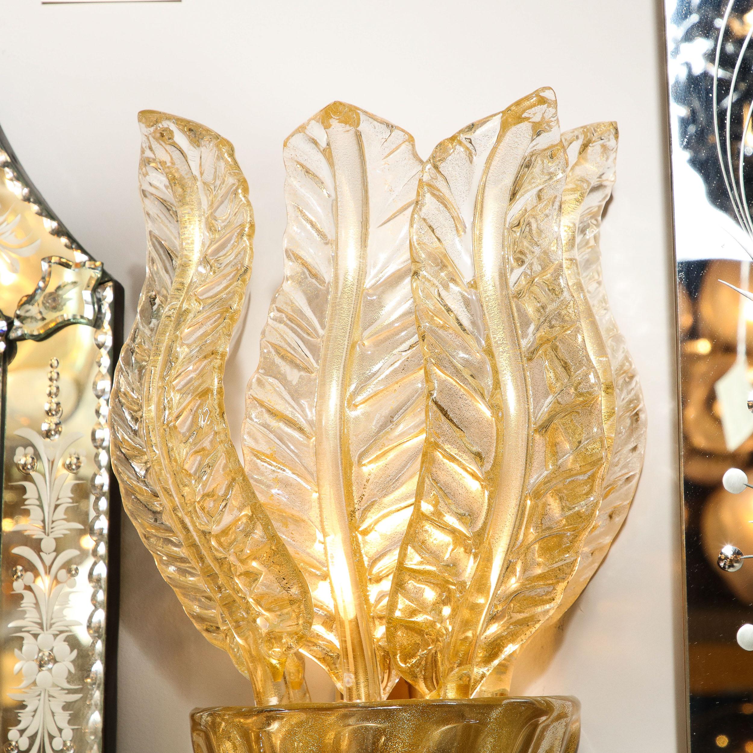 Murano Glass Pair of Hand-Blown Modernist Murano Foglia D'oro Glass Leaf Form Sconces