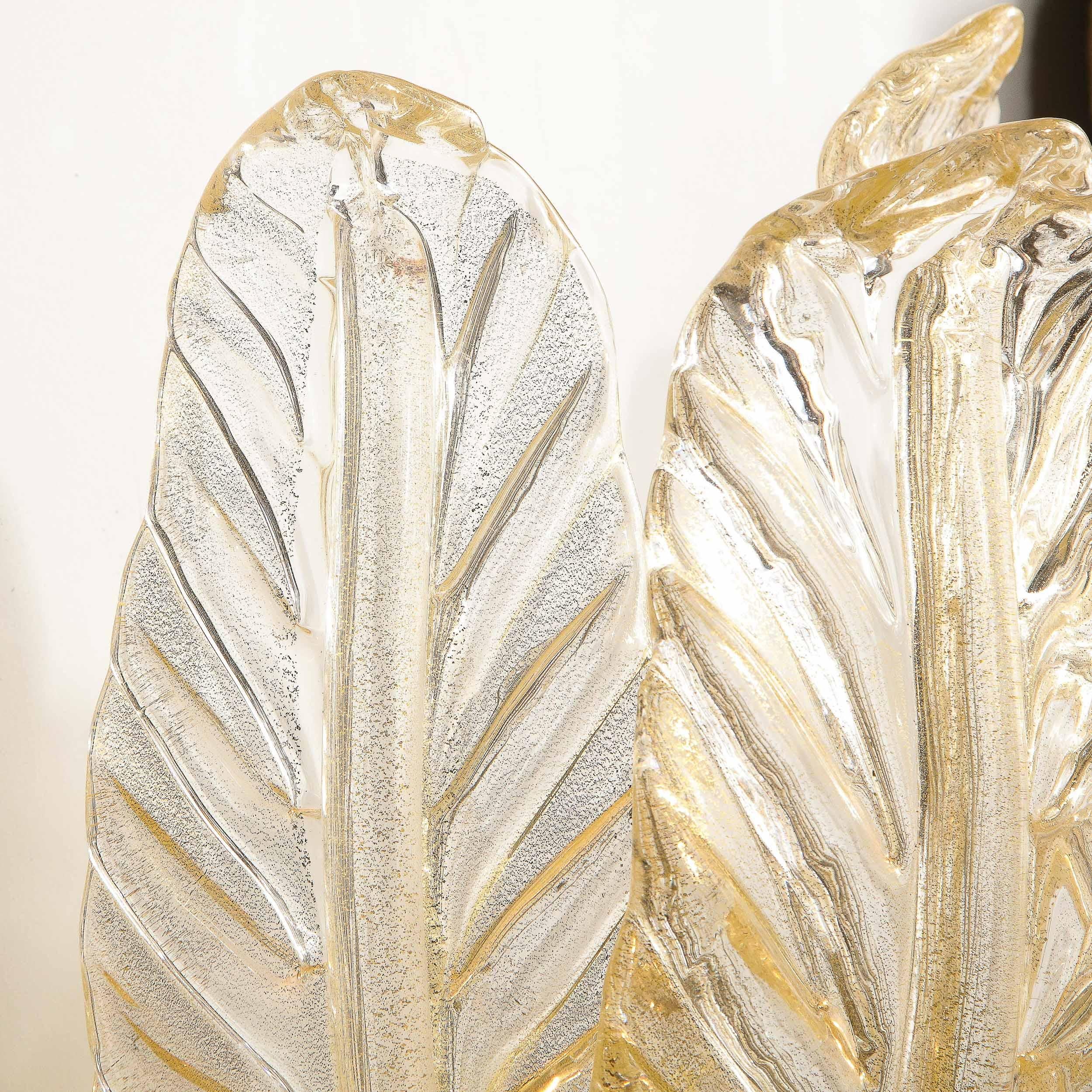 Pair of Hand-Blown Modernist Murano Foglia D'oro Glass Leaf Form Sconces 1