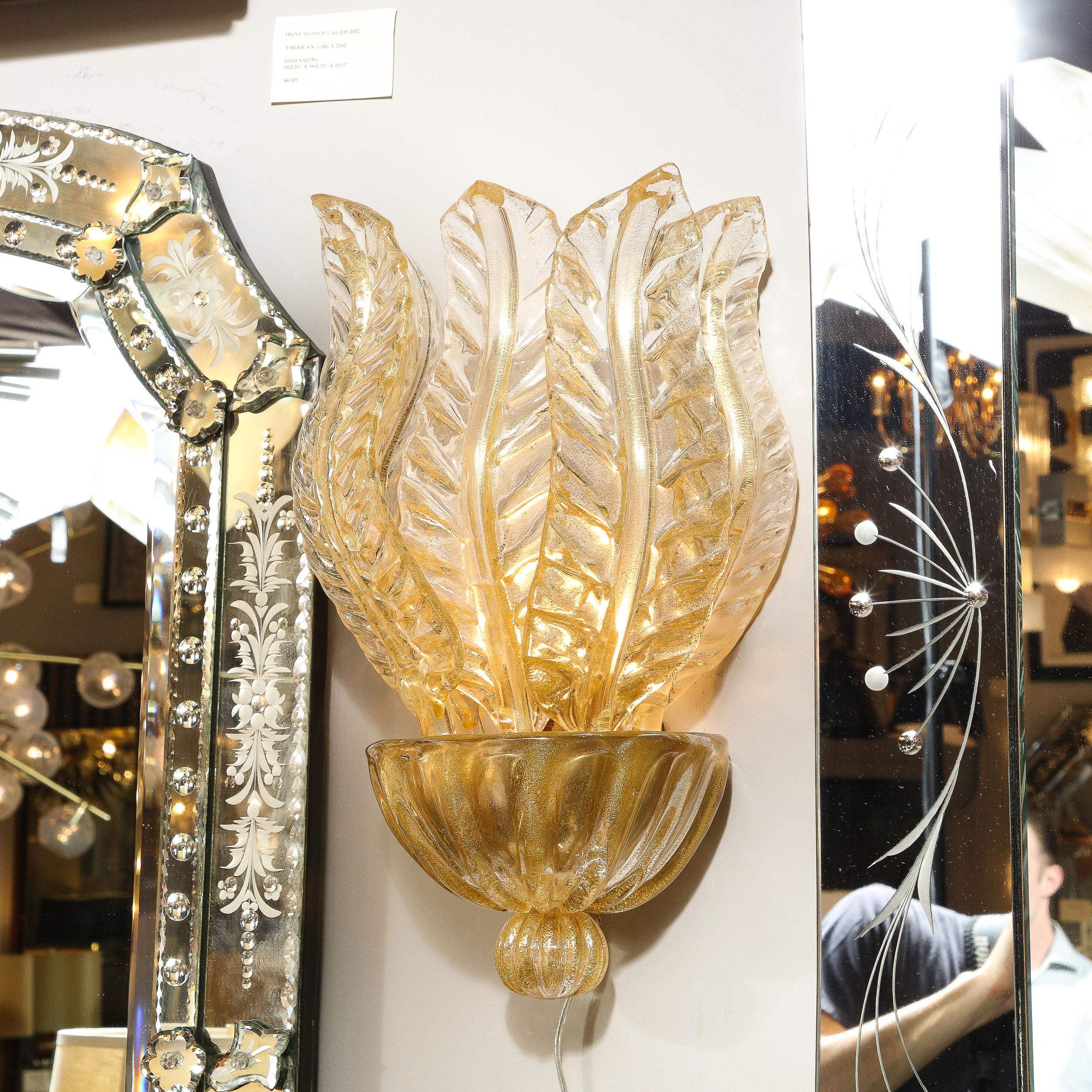 Pair of Hand-Blown Modernist Murano Foglia D'oro Glass Leaf Form Sconces 1