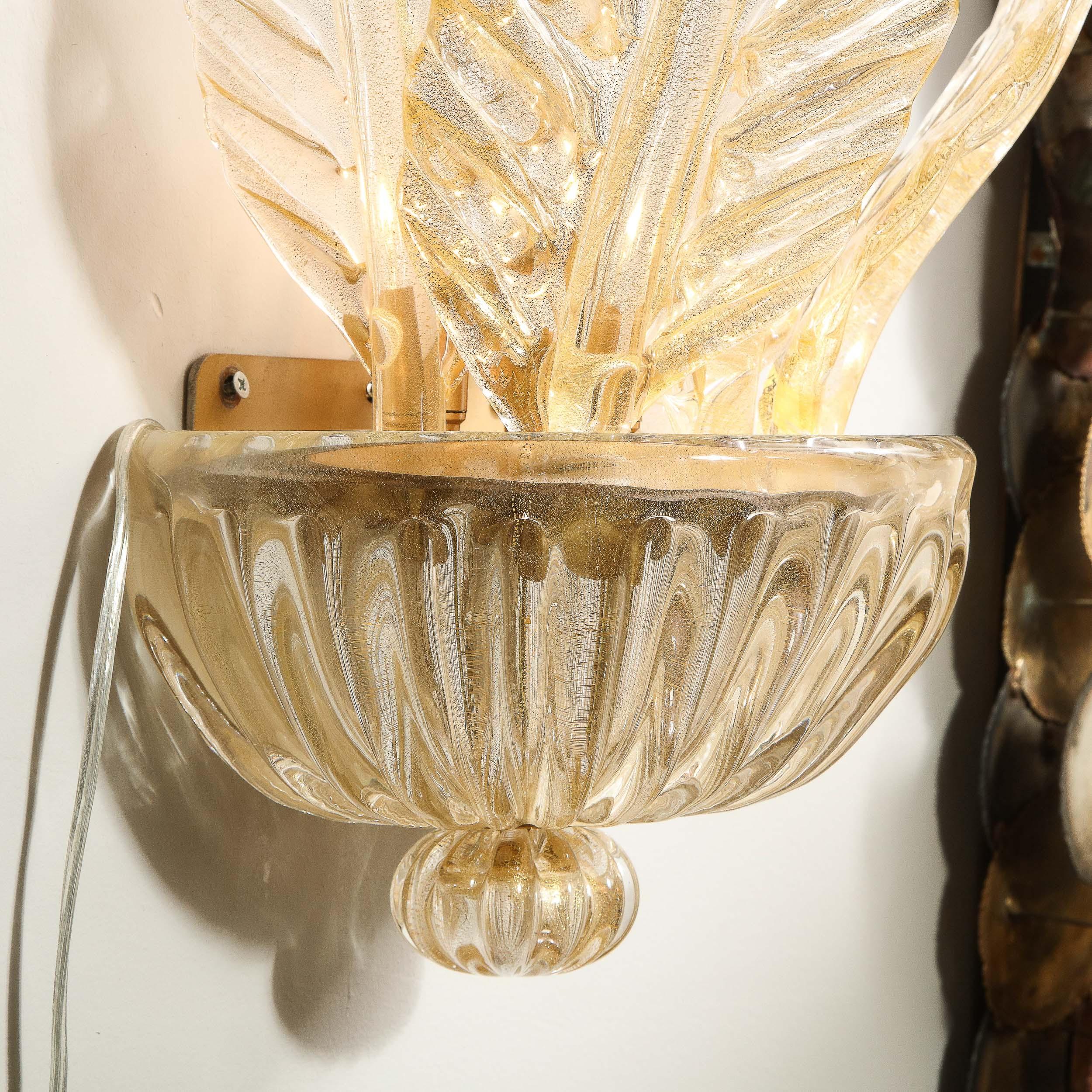 Pair of Hand-Blown Modernist Murano Foglia D'oro Glass Leaf Form Sconces 2