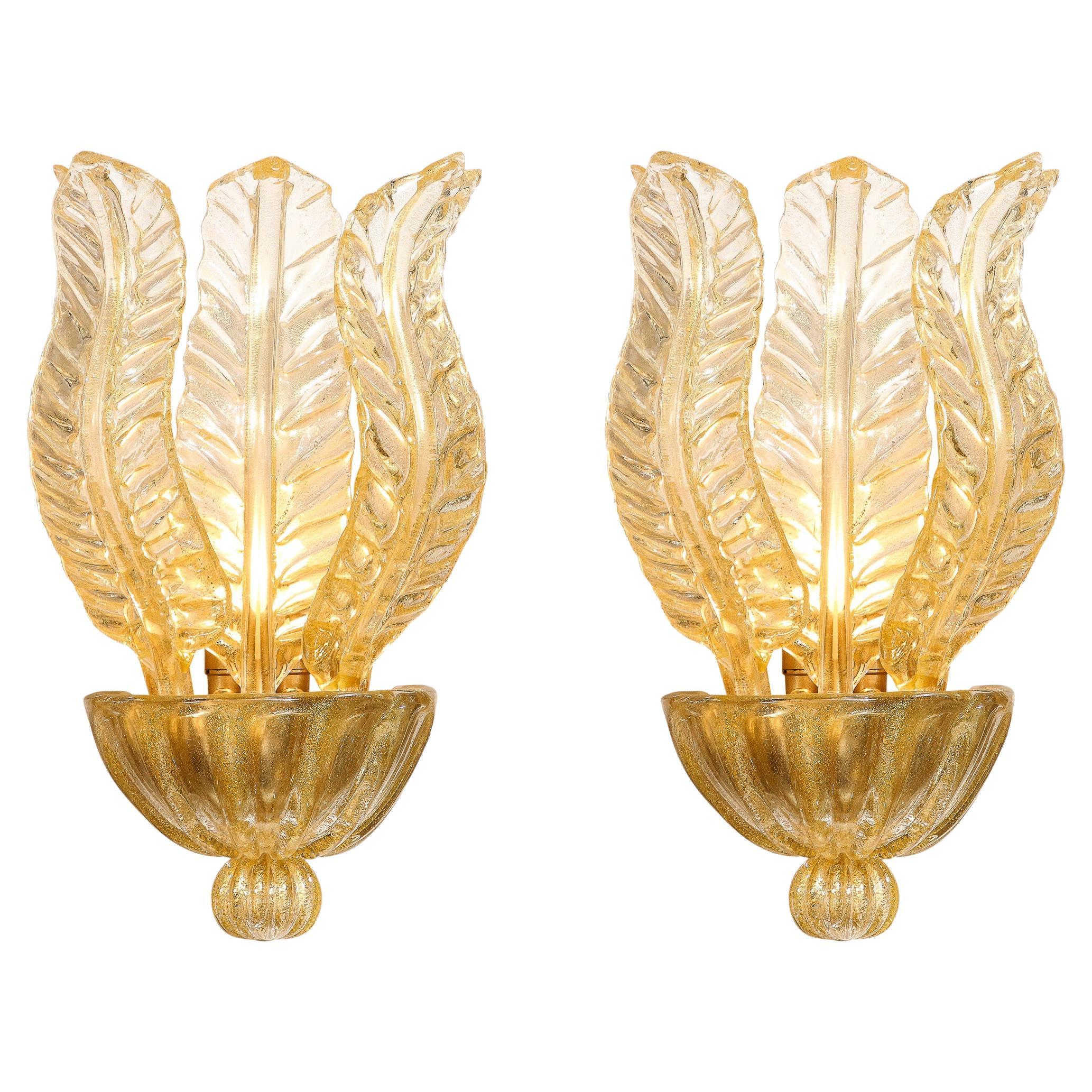 Pair of Hand-Blown Modernist Murano Foglia D'oro Glass Leaf Form Sconces For Sale