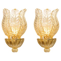 Pair of Hand-Blown Modernist Murano Foglia D'oro Glass Leaf Form Sconces
