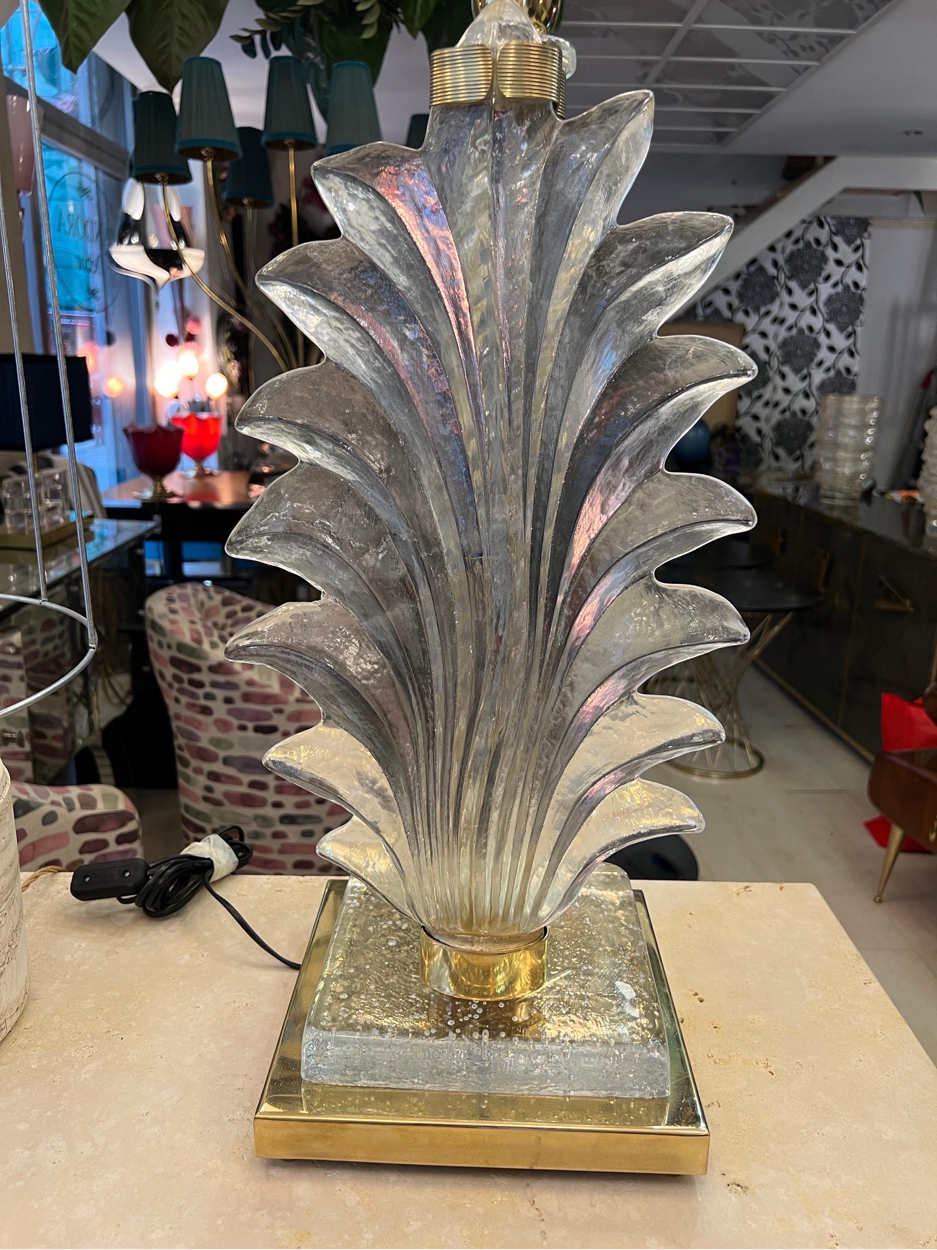 Pair of Hand Blown Murano Clear Glass Leaf Lamps with our Lampshade, 1940s 3