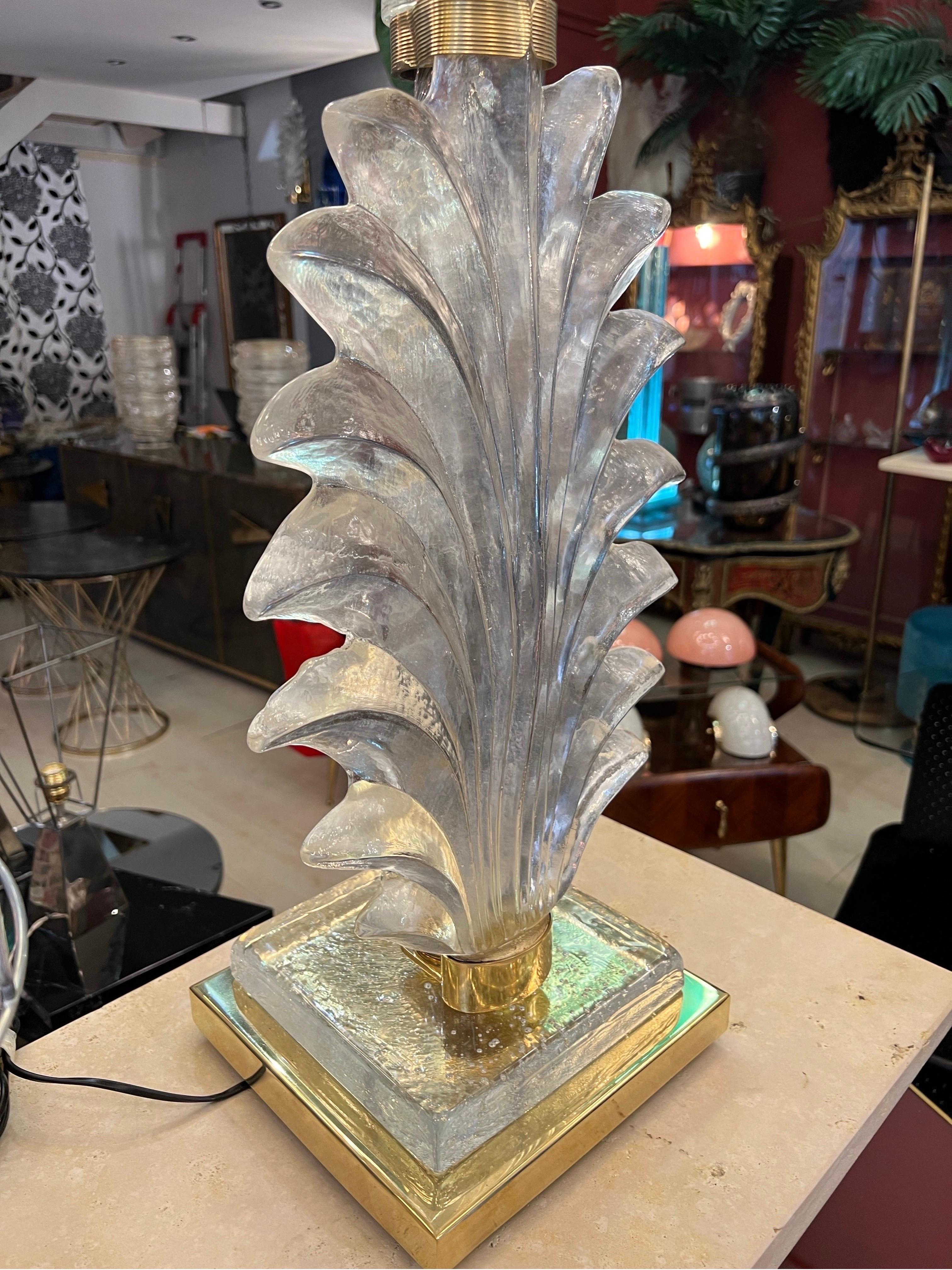 Pair of Hand Blown Murano Clear Glass Leaf Lamps with our Lampshade, 1940s 4