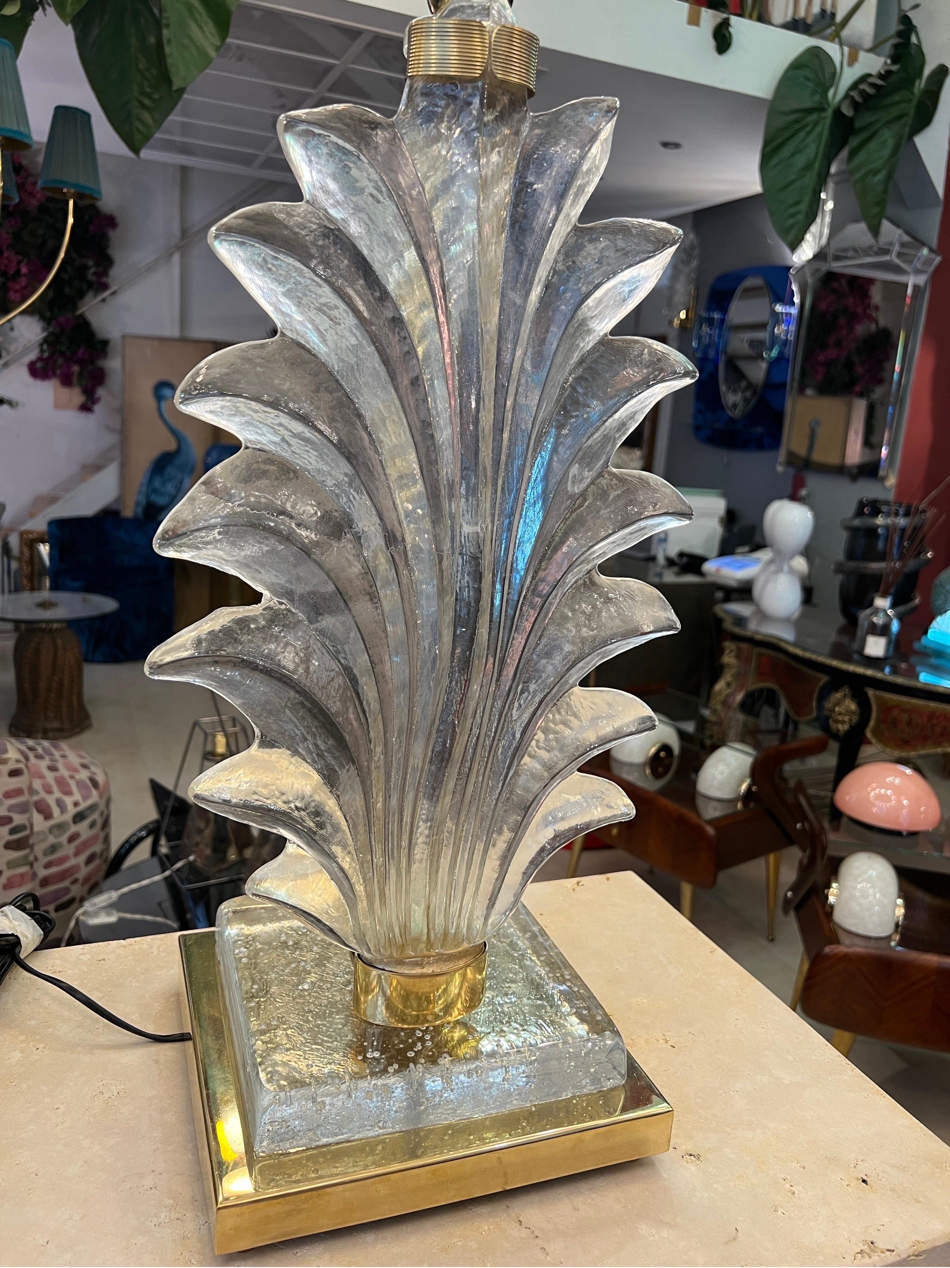 Pair of Hand Blown Murano Clear Glass Leaf Lamps with our Lampshade, 1940s 5