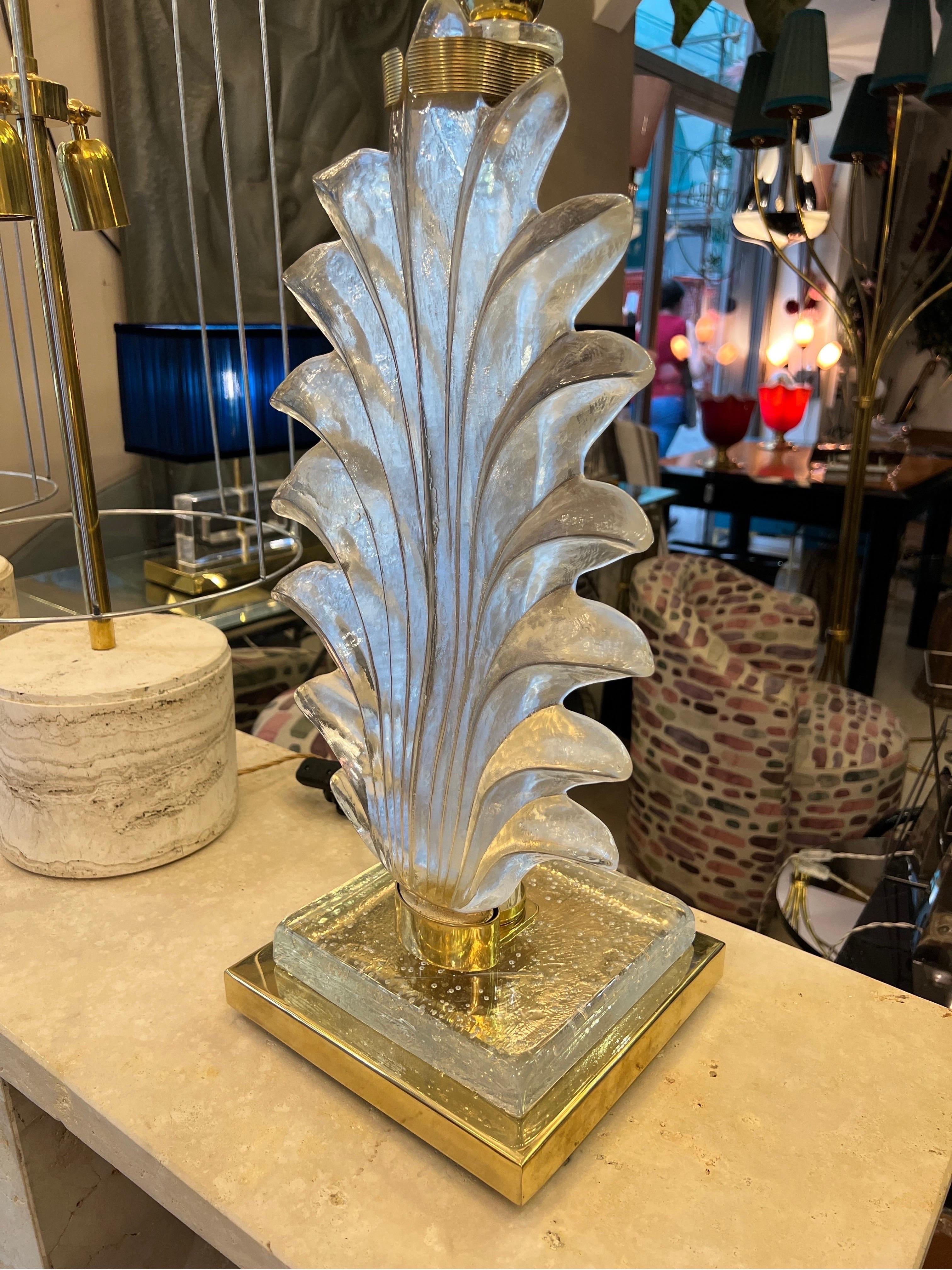 Pair of Hand Blown Murano Clear Glass Leaf Lamps with our Lampshade, 1940s 6