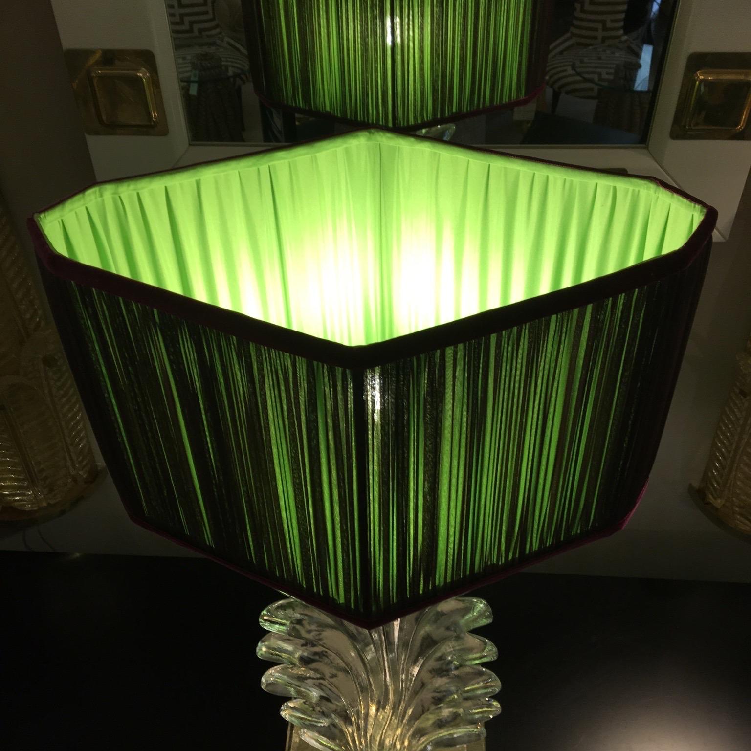 Pair of Hand Blown Murano Clear Glass Leaf Lamps with our Lampshade, 1940s 12