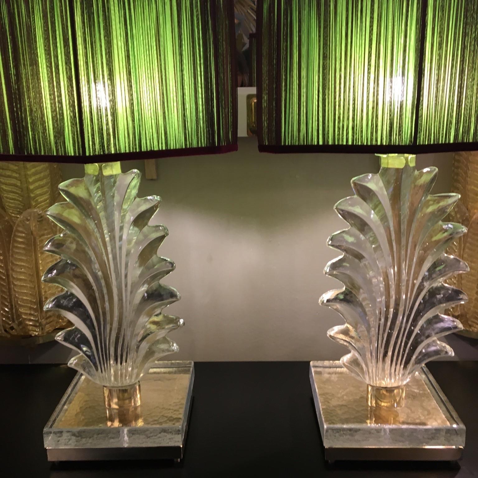 Art Deco Pair of Hand Blown Murano Clear Glass Leaf Lamps with our Lampshade, 1940s
