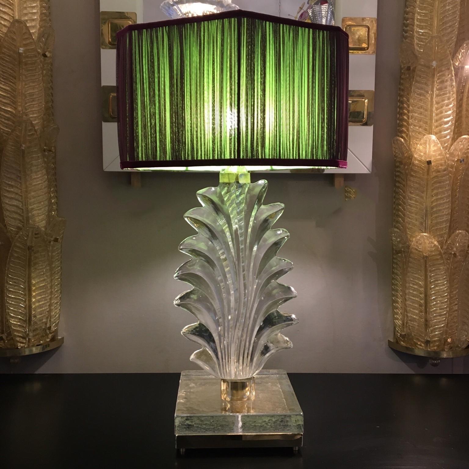 Pair of Hand Blown Murano Clear Glass Leaf Lamps with our Lampshade, 1940s In Excellent Condition In Florence, IT