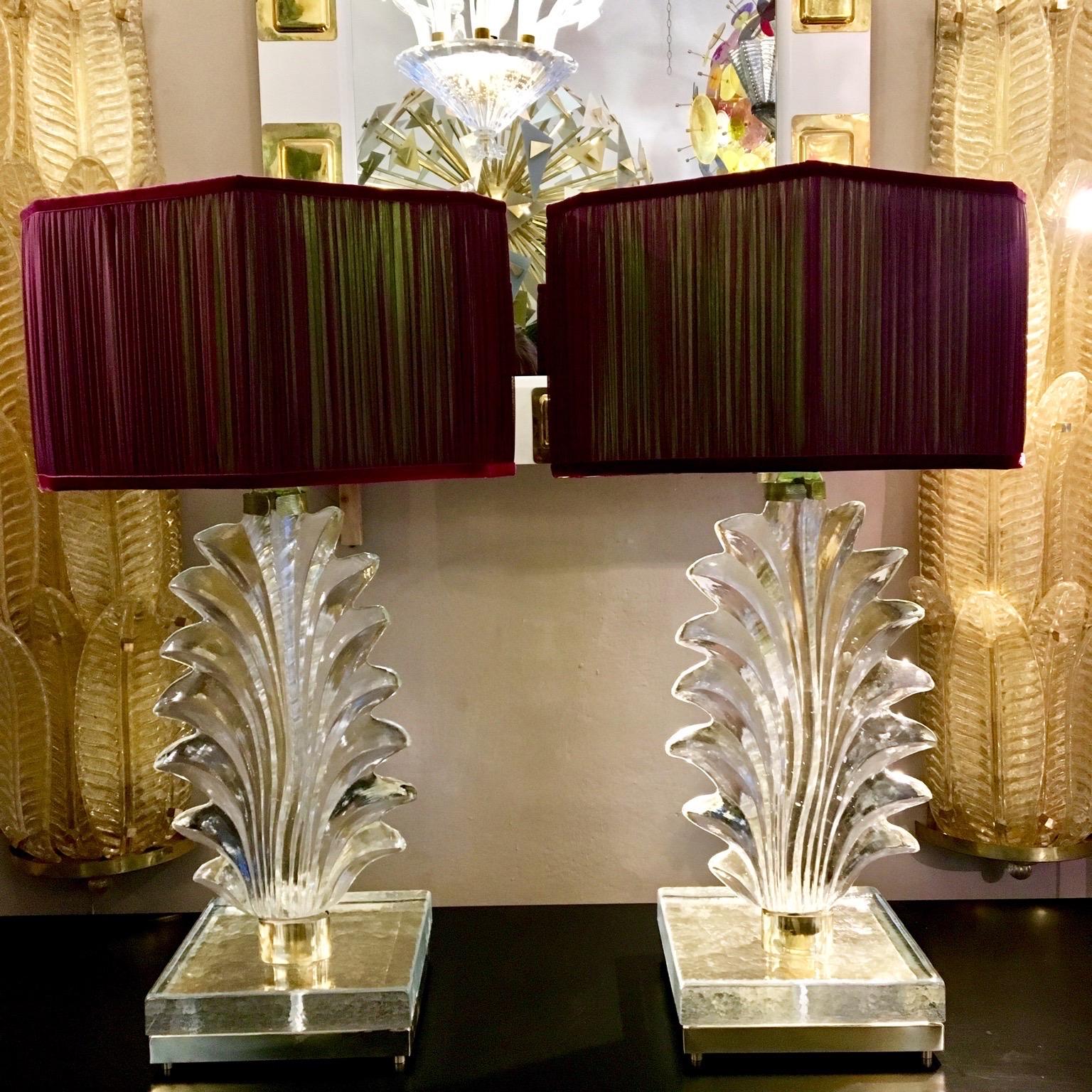Murano Glass Pair of Hand Blown Murano Clear Glass Leaf Lamps with our Lampshade, 1940s