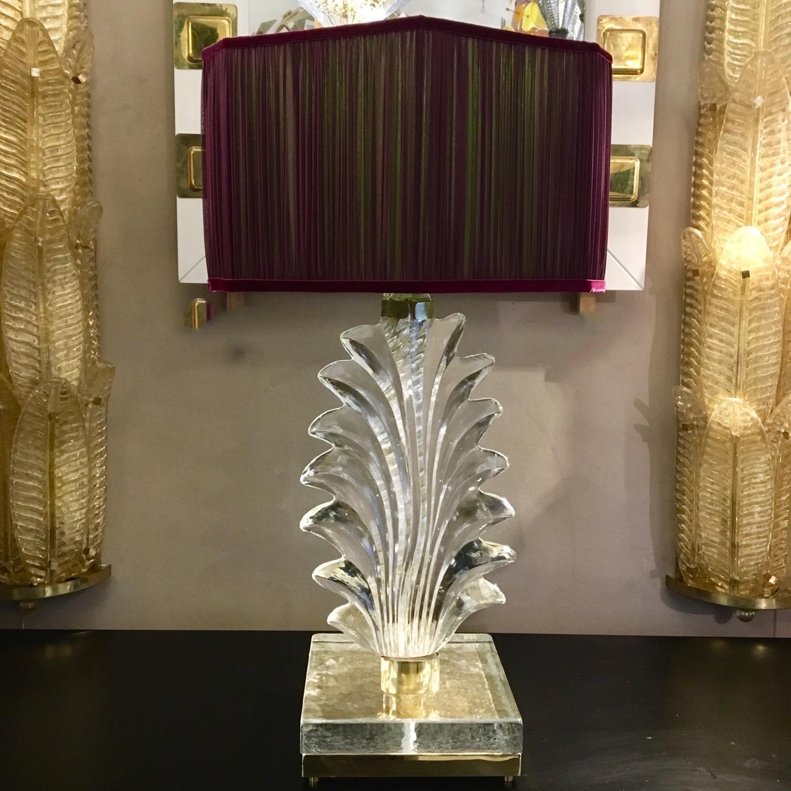 Pair of Hand Blown Murano Clear Glass Leaf Lamps with our Lampshade, 1940s 1