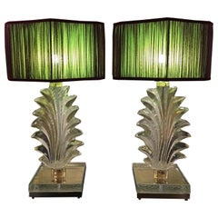 Pair of Hand Blown Murano Clear Glass Leaf Lamps with our Lampshade, 1940s Pair of Hand Blown Murano Clear Glass Leaf Lamps with our Lampshade, 1940s