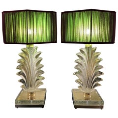 Pair of Hand Blown Murano Clear Glass Leaf Table Lamps, 1940s
