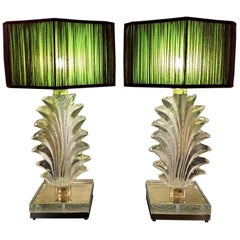 Pair of Hand Blown Murano Clear Glass Leaf Table Lamps, 1940s