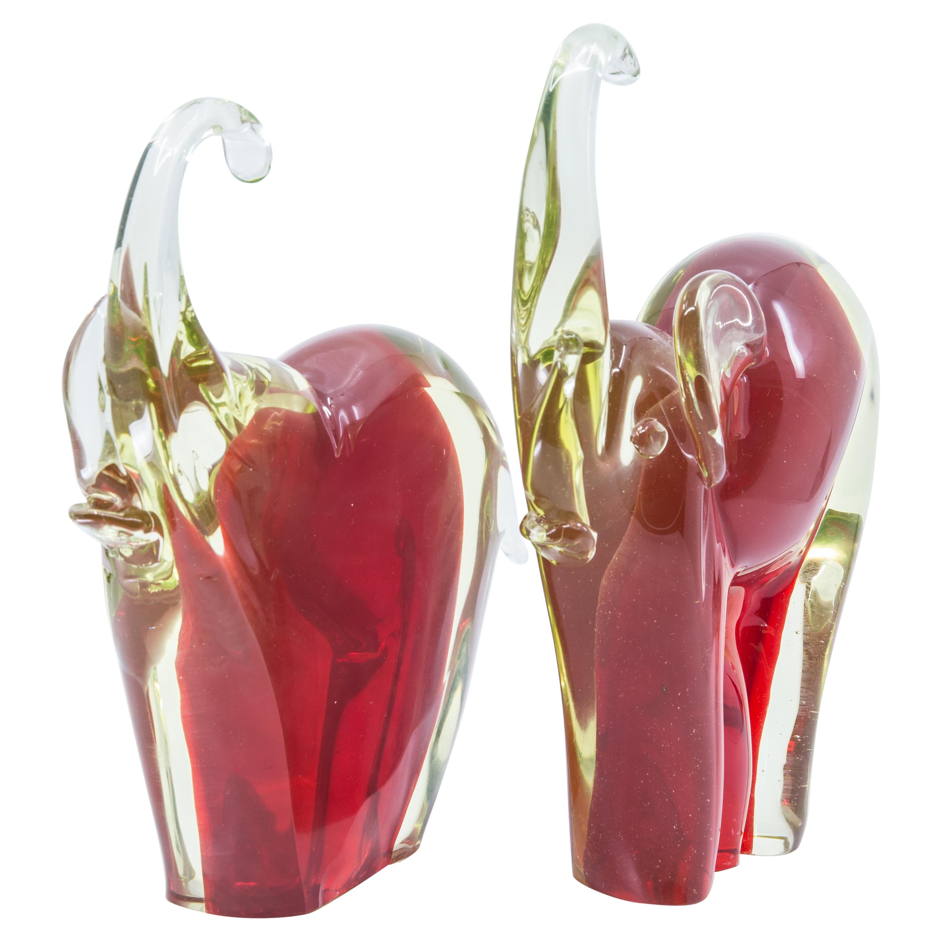 Pair of Hand Blown Murano Glass Elephant Book-Ends